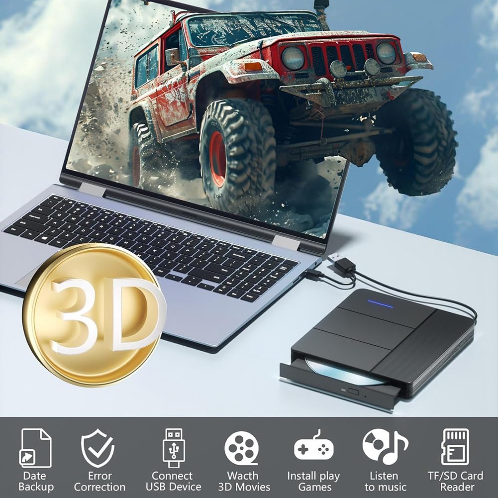 Lecteur Blu-Ray Externe 7 en 1, Compatible avec Les Disques R/W, BD, DVD, CD, Graveur Portable, USB 3.0, Emplacement pour Carte SD/TF