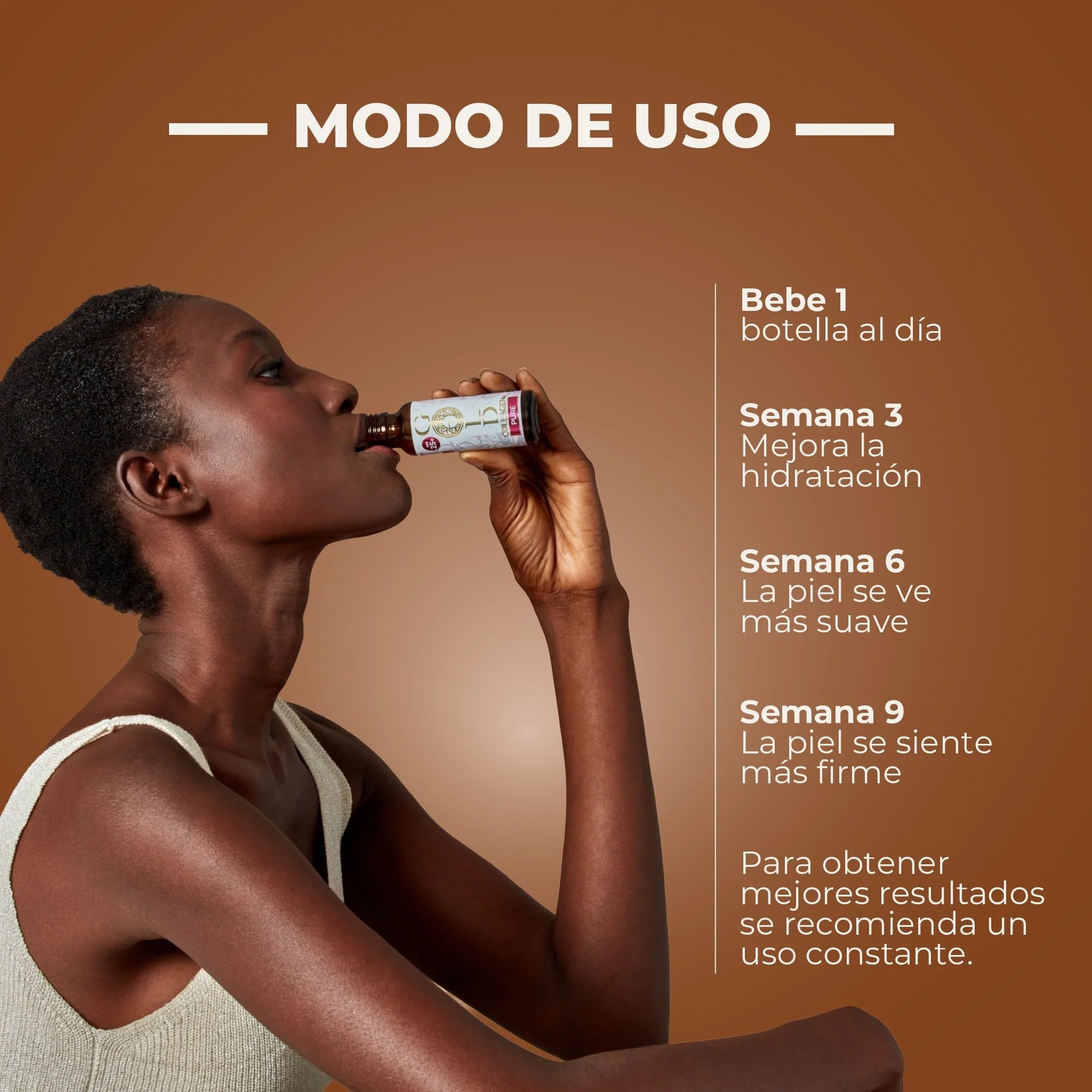 GOLD COLLAGEN Pure - Complemento Líquido de Colágeno Marino Hidrolizado para Cabello, Piel y Uñas Antiarrugas y Sistema Inmunológico con Vitamina C E B6 Ácido Hialurónico Biotina Zinc, 1 Caja 10x50 ml