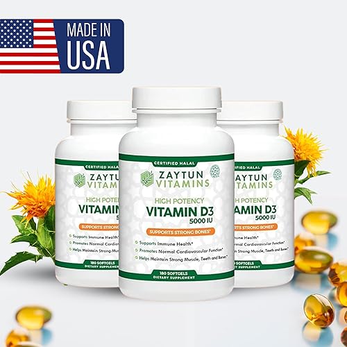 Miniatura 8 de Zaytun Halal Vitamina D3 5000 UI, 180 mini cápsulas blandas, apoya los huesos, la función muscular saludable y el sistema inmunológico, vitamina D