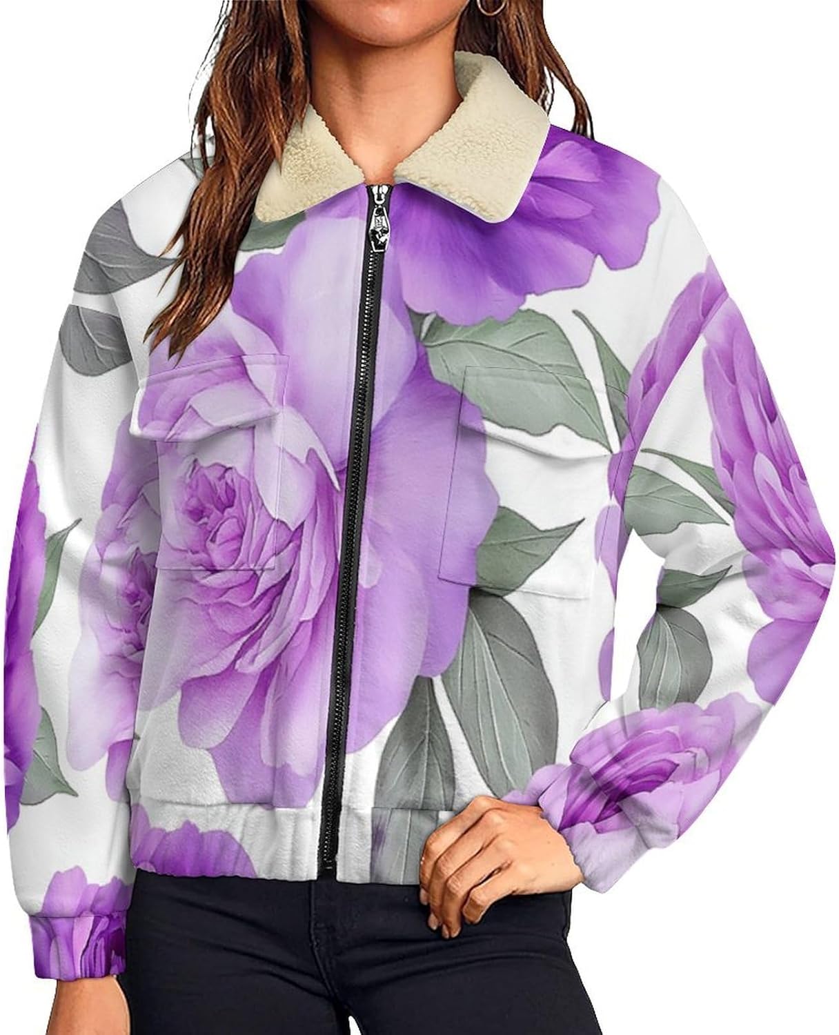 Women's Full Zip Soft Polar Fleece Jacket, Peony Rose Printed Outdoor Coat, Long Sleeve Comfortable Outerwear