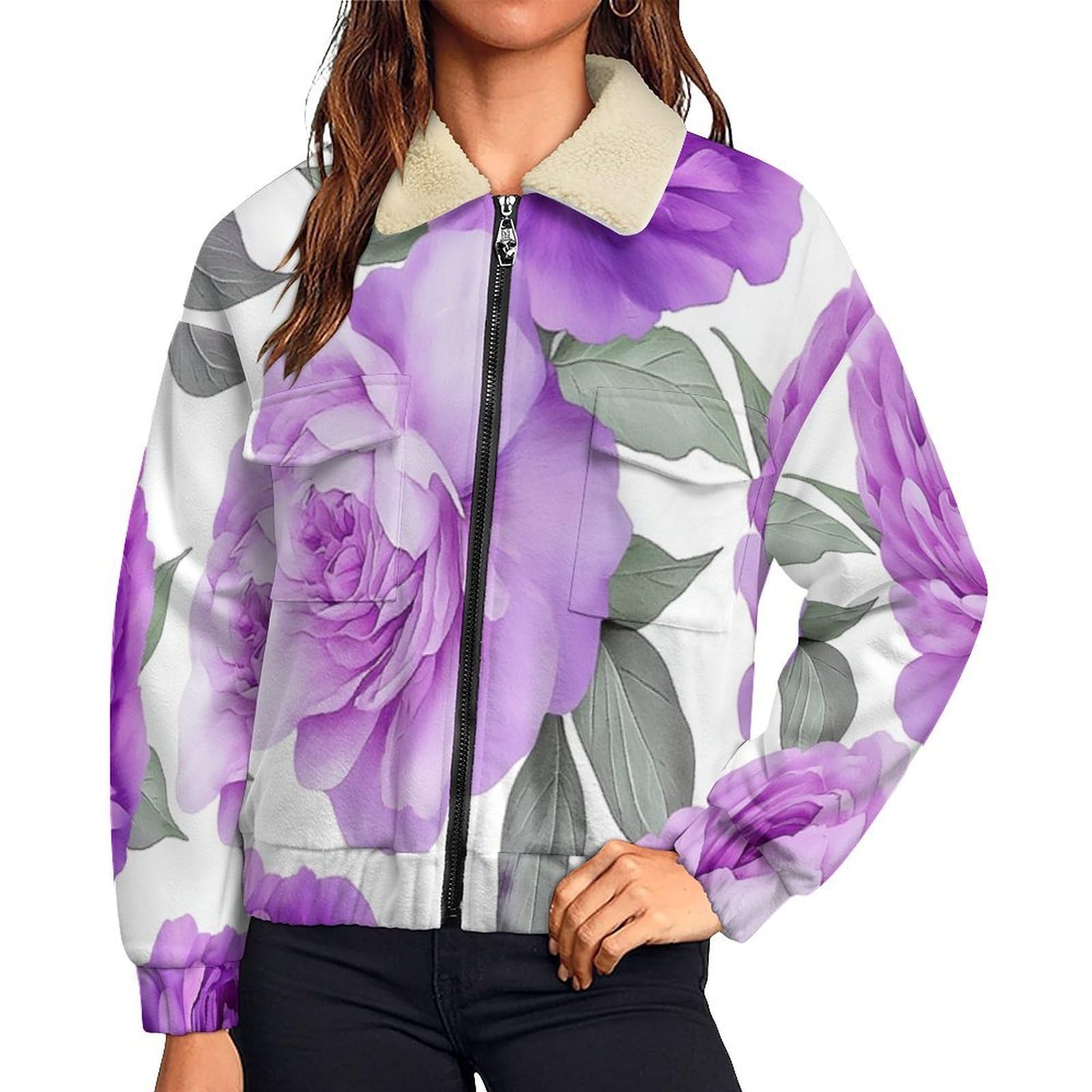 Giacca in Pile da Donna con Chiusura Lampo su Tutta la Lunghezza, Colletto Revers, Cappotto Peonia Rosa Calda Invernale con Tasche, per Escursioni e Tempo Libero