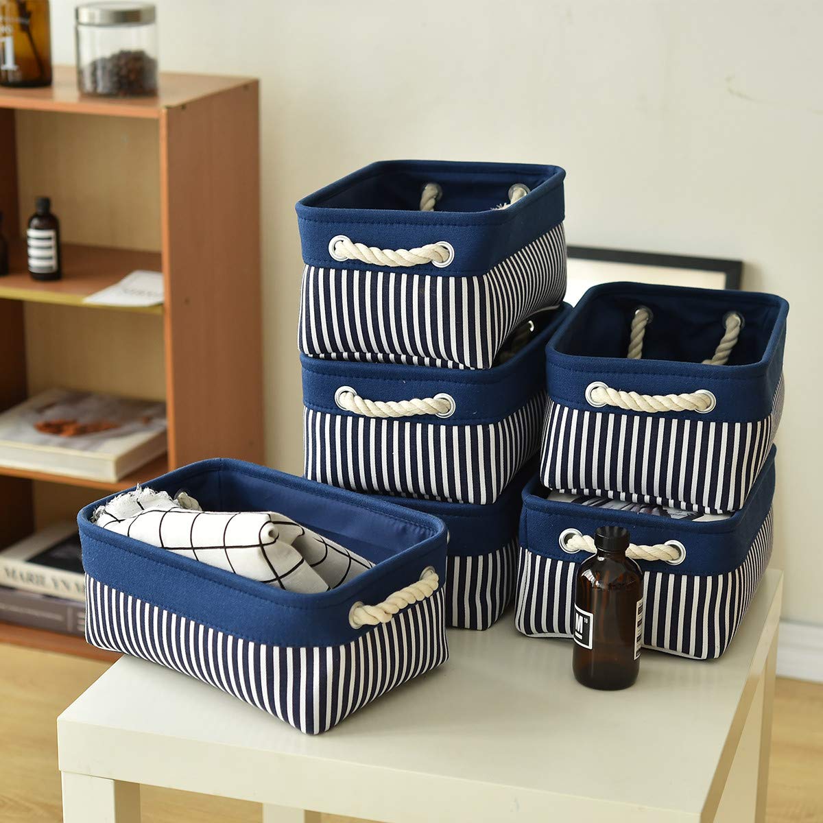 Jtirey Canvas Storage Baskets [6-Pack] Small Fabric Storage Bins Toy Storage Baskets Empty Gift Baskets Shelf Baskets Decorative Basket with Rope Handles for Home Office(Navy Blue, 12 x 8 x 5 inch)