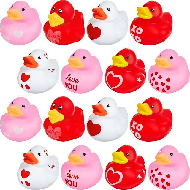16 Pcs Valentines Day Rubber Mini Ducks Bath Toys, Novelty Heart PVC Duck, Love Small Tiny Ducks, Floating Bathtub Toys for Kids Birthday Party Bag Fillers Baby Shower Classroom Gift Exchange