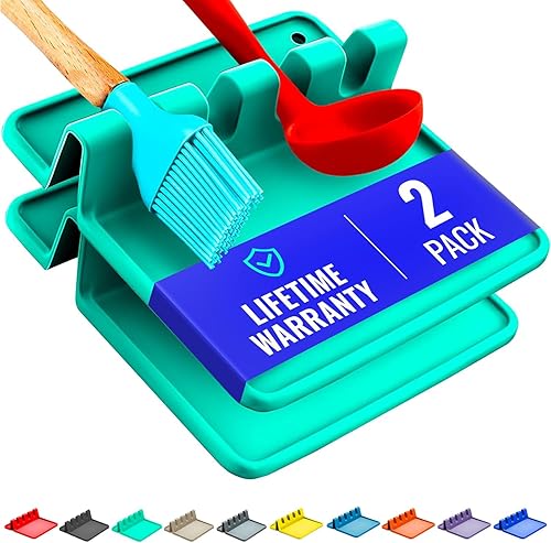 Soporte de cuchara de silicona verde aguamarina para estufa con almohadilla de goteo (paquete de dos unidades), resistente al calor, sin BPA,