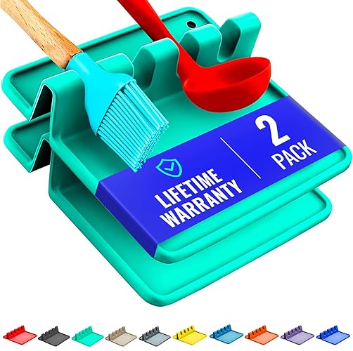 Aqua Green Silicone Spoon Rest for Stove Top with Drip Pad (Two Pack) - Heat-Resistant, BPA-Free Utensil Rest & Spoon Holder for Kitchen Counter - Grill Utensil Holder for Spatulas, Tongs, Ladles - Medium - 2 Packs - Coastal Teal