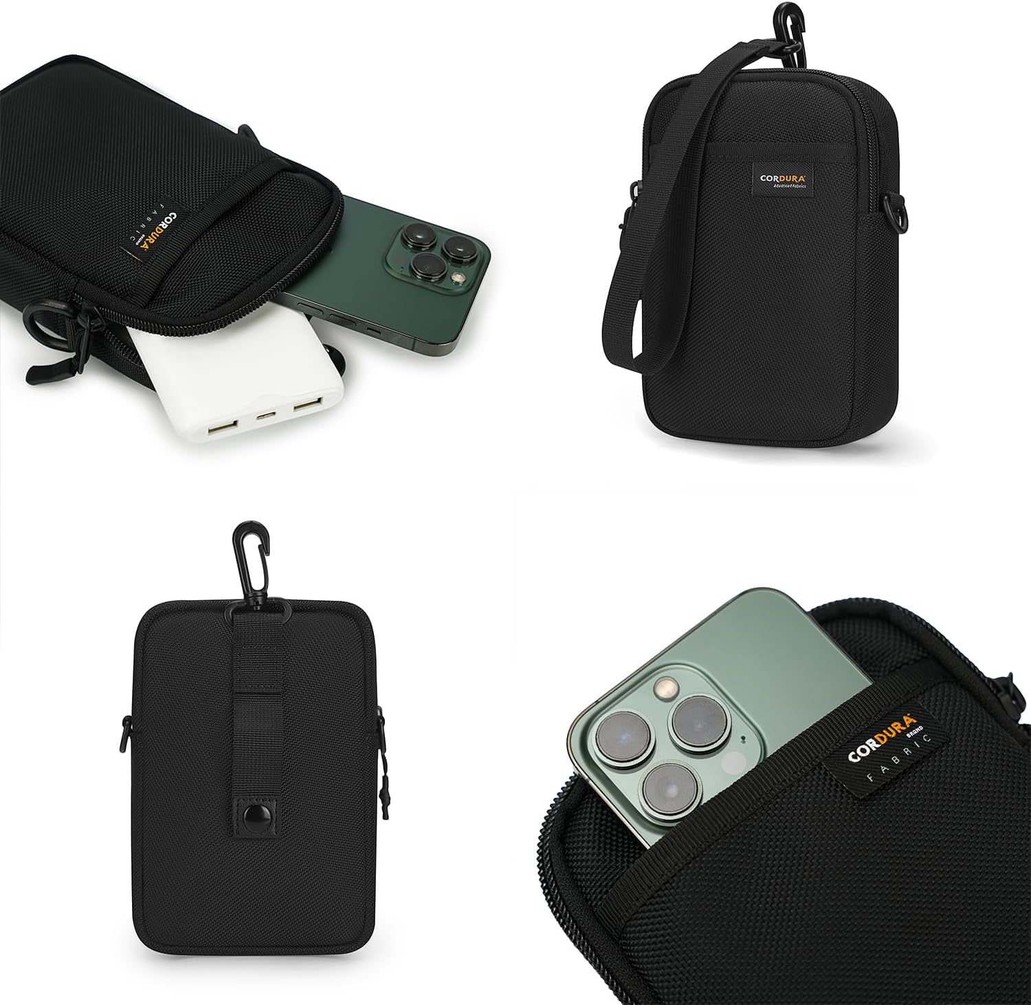 Reeyee Small Crossbody Phone Bag for Men & Women, 1680D Cordura Nylon, Tactical Cell Phone Pouch with Belt Loop & Carabiner, Water Repellent (Black)