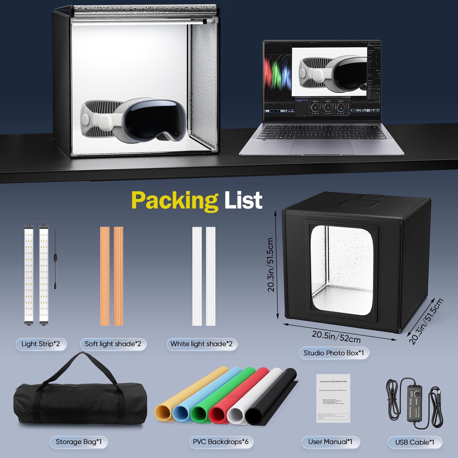 Boîte à Lumière 50x50x50CM, Caisson Lumineux de Photographie de Support, Boîtes de Lumière Kit à Luminosité Réglable de 0 à 100% Boite Photo, Équipée de 126 Perles LED Rotatives à 360°