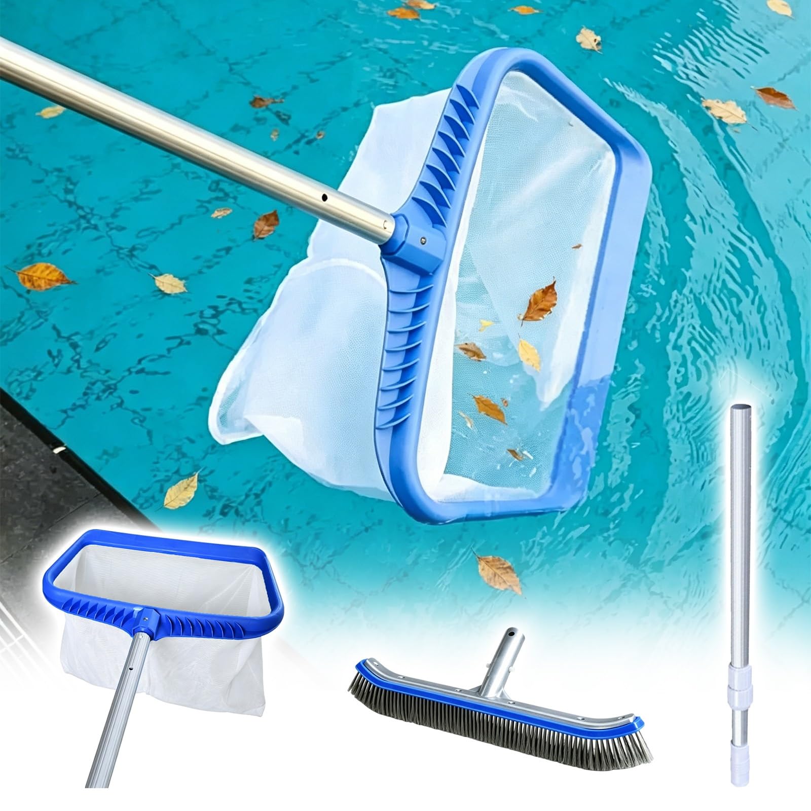 Lzmzmq One Color Manual Pool Skimmer Net Brush With 39 114 186 224 303 Inch Pole, Pool Care Kit For Above Ground Pools, Pools Cleaning Equipment For Cleaning Effortlessly(2.9M/114In)