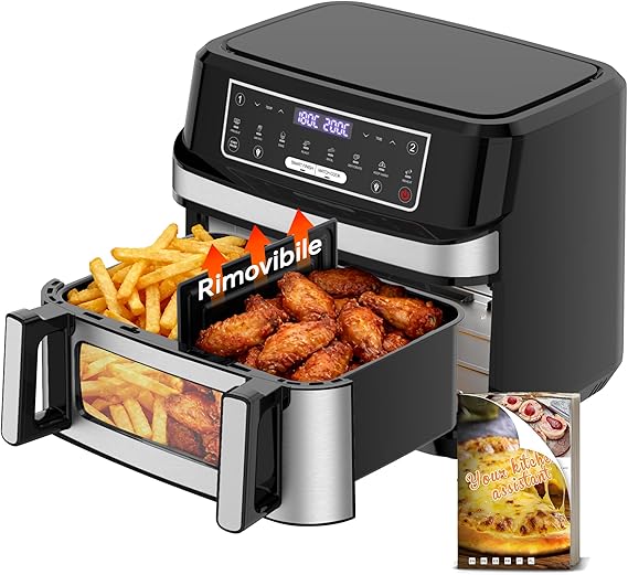 Friggitrice ad Aria 12L | Friggitrice Aria XXL Modalità Flessibile 1 o 2 Zone, 2600W Doppia Resistenza Controllo Indipendente Finestra & Luce Interna, Air Fryer Grande 8-in-1 Touch Control Ricettario