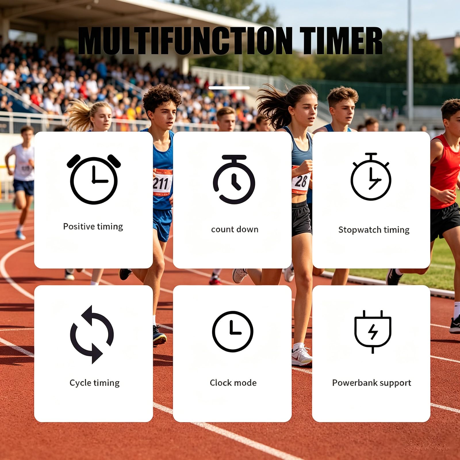 Reloj Pared Digital, Temporizador Doble Cara 3,8 Cm (1,5 Pulgadas) con Trípode/Control Remoto, 6 Modos Funcionamiento Principales, 3 Métodos Instalación, Eventos Carrera Competiciones Deportivas