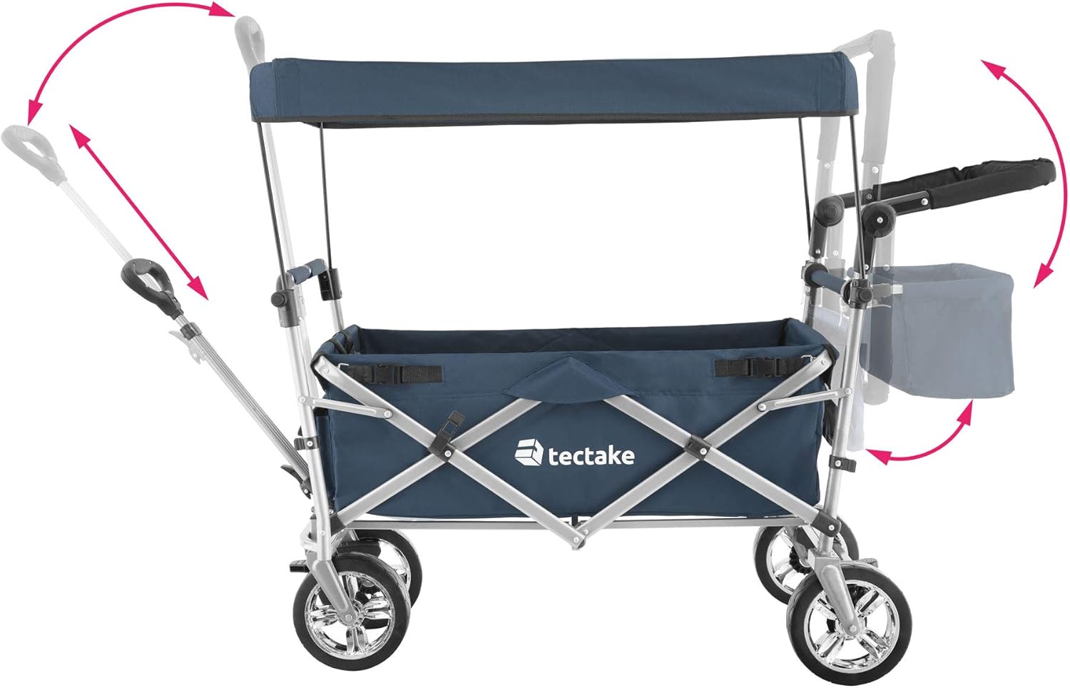 Strana view illustrating the adjustable drawbar and push handle positions.