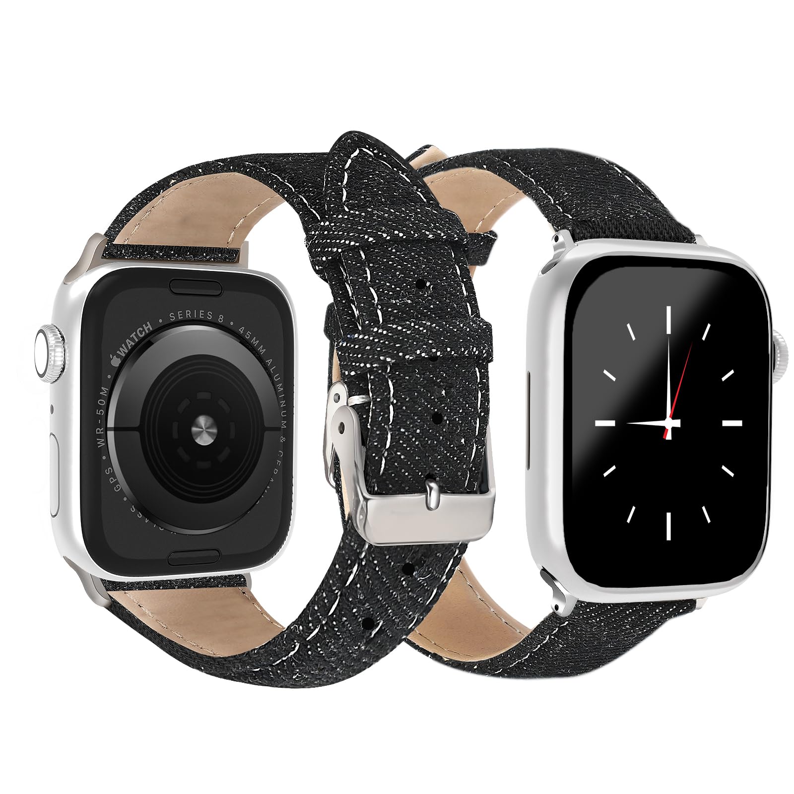Ruibopad Denim Strap for Apple Watch Band 46mm 44mm 45mm, Soft Leather Hybrid Bracelet Compatible with iWatch Bands Series 10/9/SE/8/7/6/5/4/3/2/1,