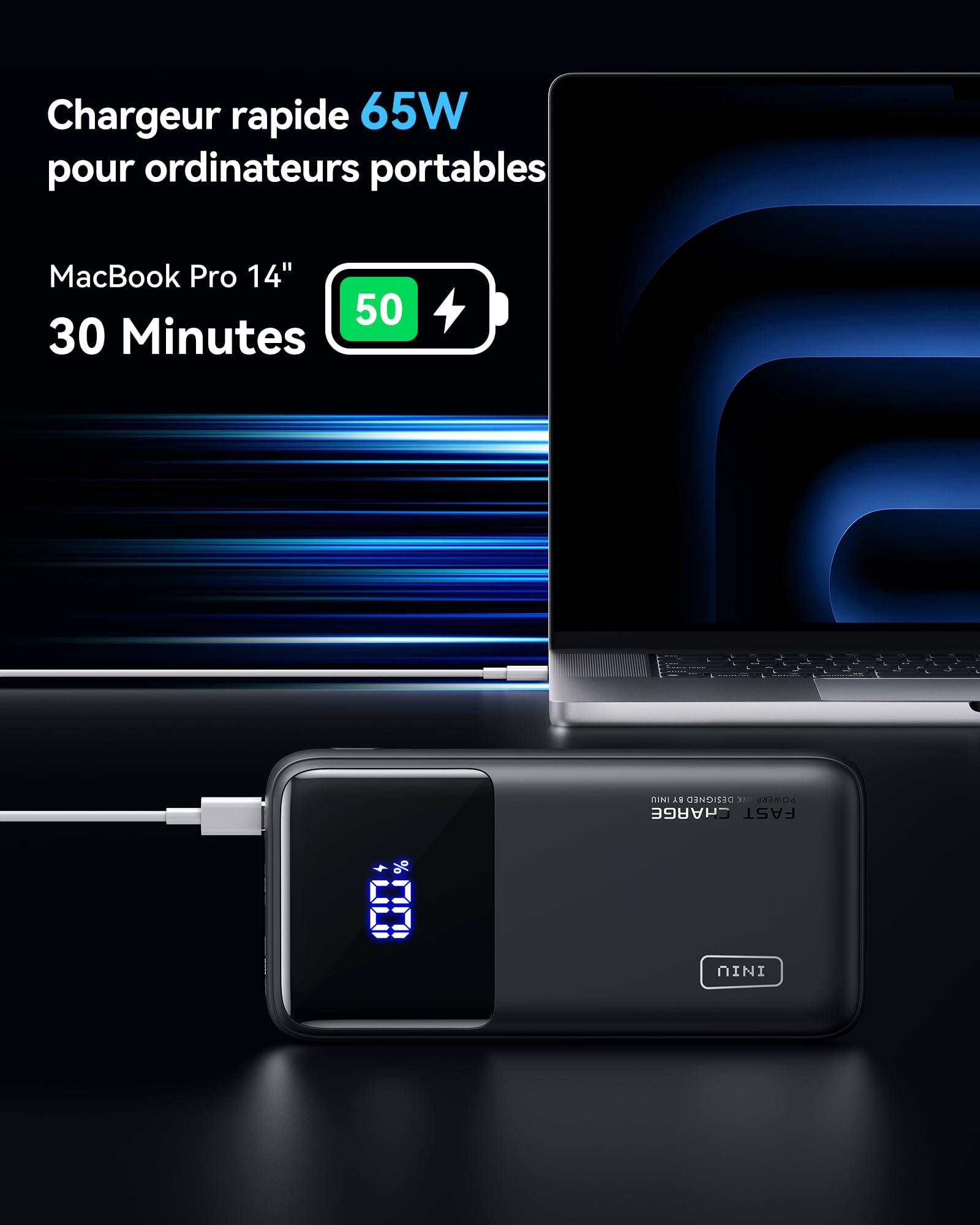 INIU Batterie Externe pour Ordinateur, Compact 65W 20000mAh USBC Power Bank | Autorisé en Avion, Câble USB C Batterie Portable Charge Rapide avec MacBook, Steam Deck, iPhone 17 Samsung iPad etc