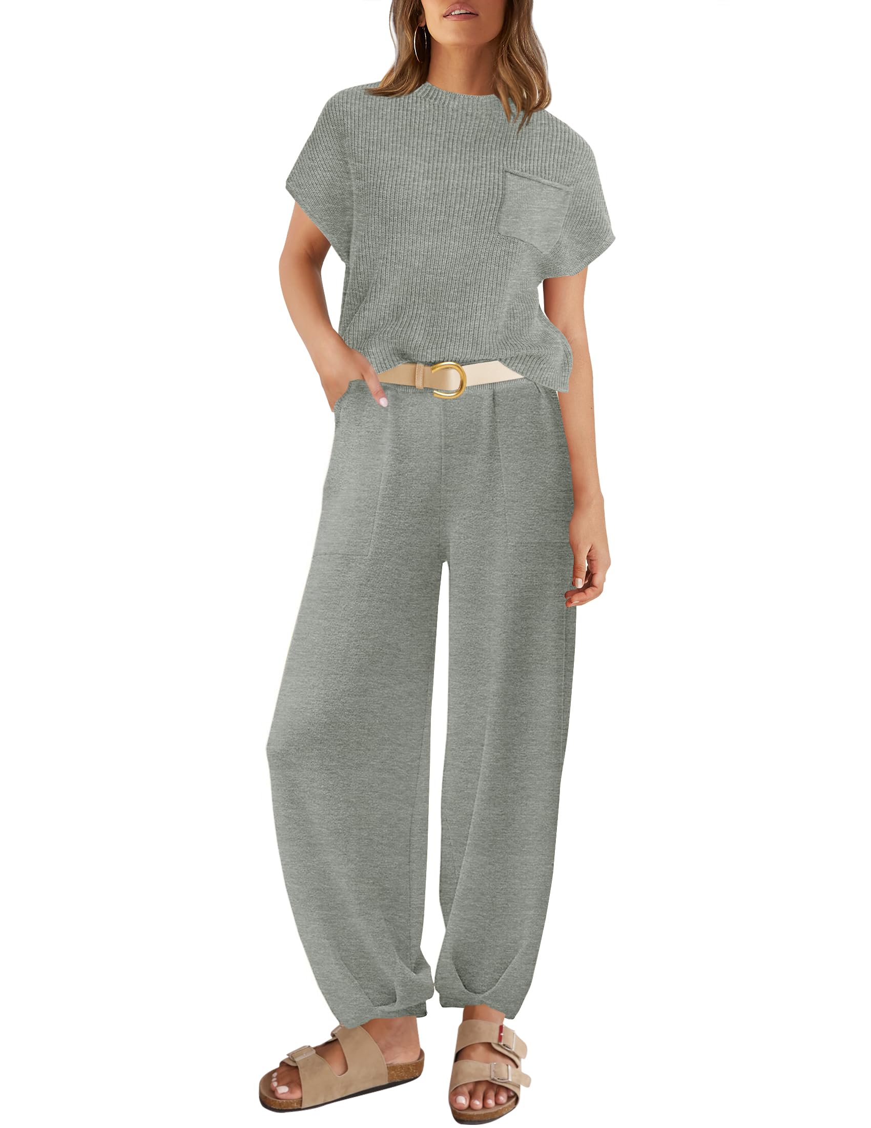 ZESICAWomen's 2 Piece Outfits Sweater Set Short Sleeve Mock Neck Knit Pullover Top High Waist Pant Tracksuit Lounge Sets