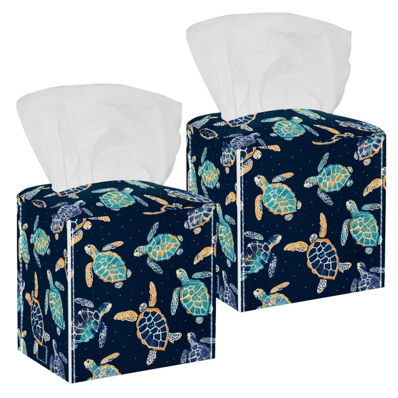 Turtles Tissue Box Cover, 2 Pack PU Leather Square Facial Tissue Dispenser Box holder for Home Office Car