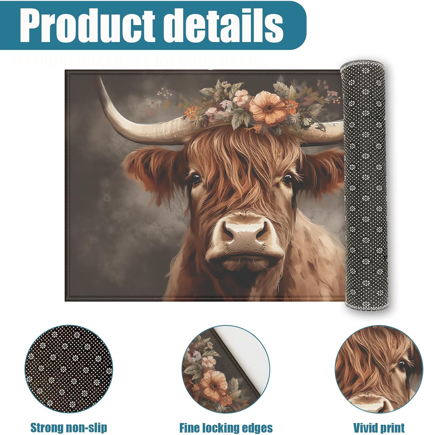 Highland Cow Floral Indoor Door Mat, Outdoor Entrance Doormat for Entryway Kitchen Bathroom 17 X 29 Inch