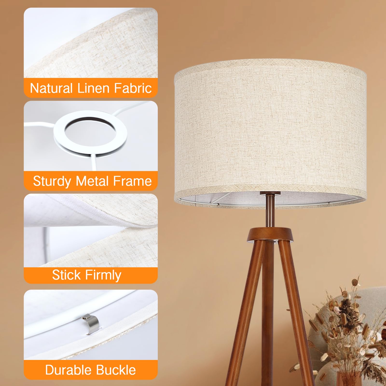 OUTON Beige Large Drum Lamp Shades for Floor Lamps 16" Top x16 Bottom x 9" High, Easy to Assemble, Floor Lamps & Torchieres - Image 2