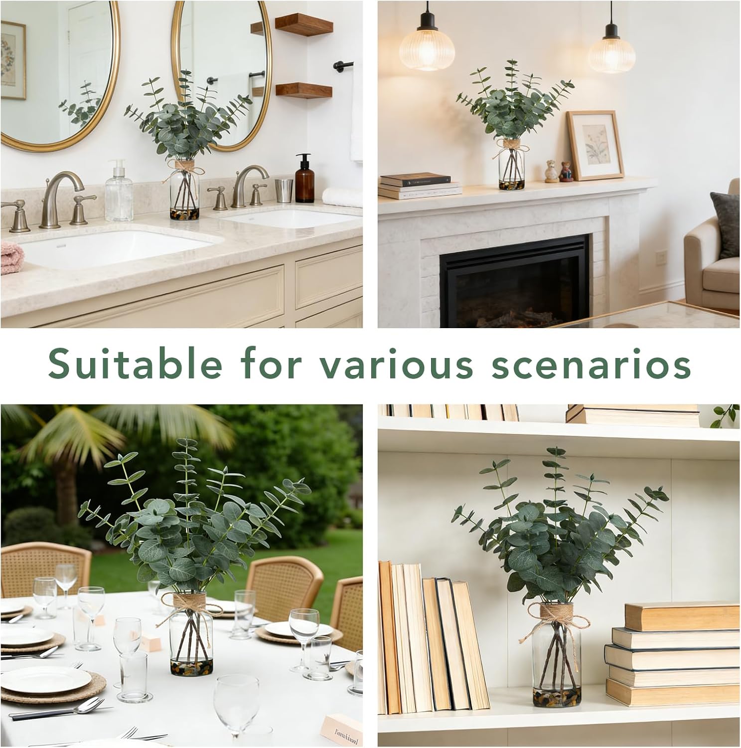 15.74” Artificial Eucalyptus Stems in Glass Vase with Faux Water & Natural Stones, Lifelike Fake Greenery for Modern Farmhouse Home Decor, Bathroom Decor, Office Desk Centerpiece