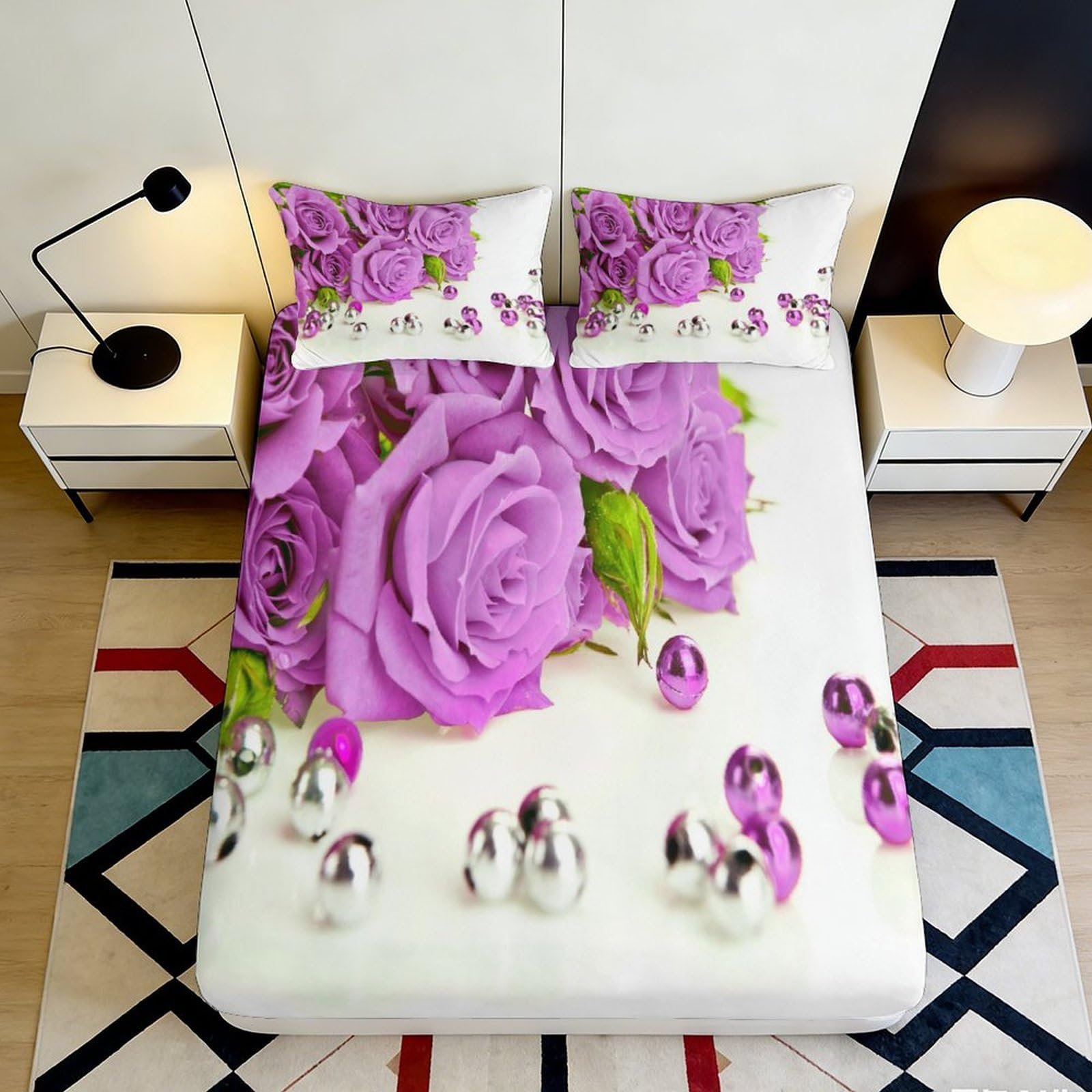 3D Printed Purple Rose Fitted Sheet Microfiber Soft Floral Beads Mattress Cover for Bedroom Guest Room Decor 160x200x25cm