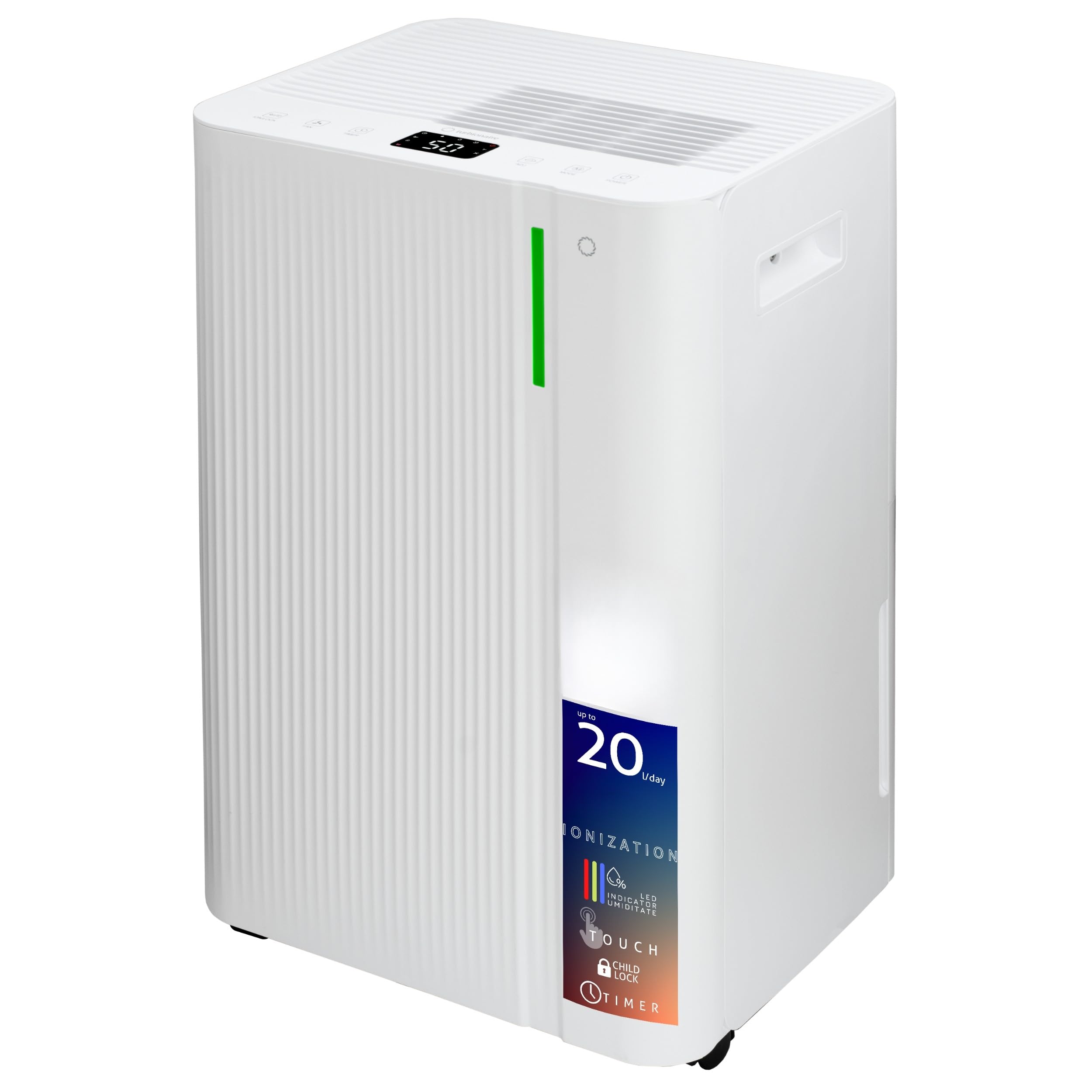 Deshumidificador Turbionaire LEVI 20 ION, 20 l/Dia, Purificación por Ionización, Hasta 35 m², Depósito 4.5L, Secado de Ropa, Indicador LED de Humedad, Temporizador, Antihumedad, Moho y Condensación