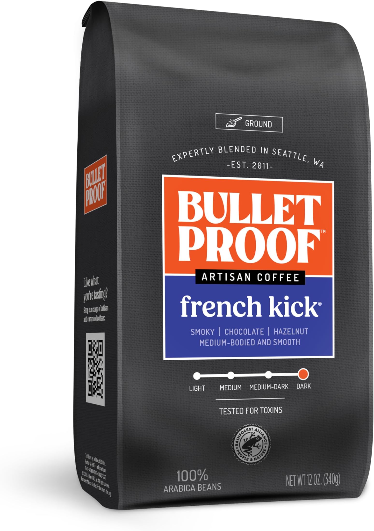Bulletproof French Kick Ground Coffee, Premium Dark Roast Gourmet Organic Beans, Rainforest Alliance Certified, Perfect for Keto Diet, Upgraded Clean Coffee (12 Ounces)