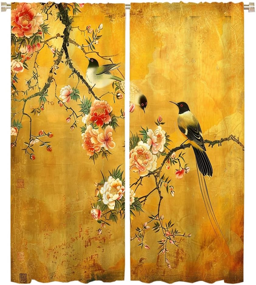 Watercolor Ink Spring Floral Bird Blackout Curtains for Living Room Abstract Vintage Chinese Forest Animal Bird Thermal Insulation Curtains for Bedroom 2 Panels 54" L x 21" W