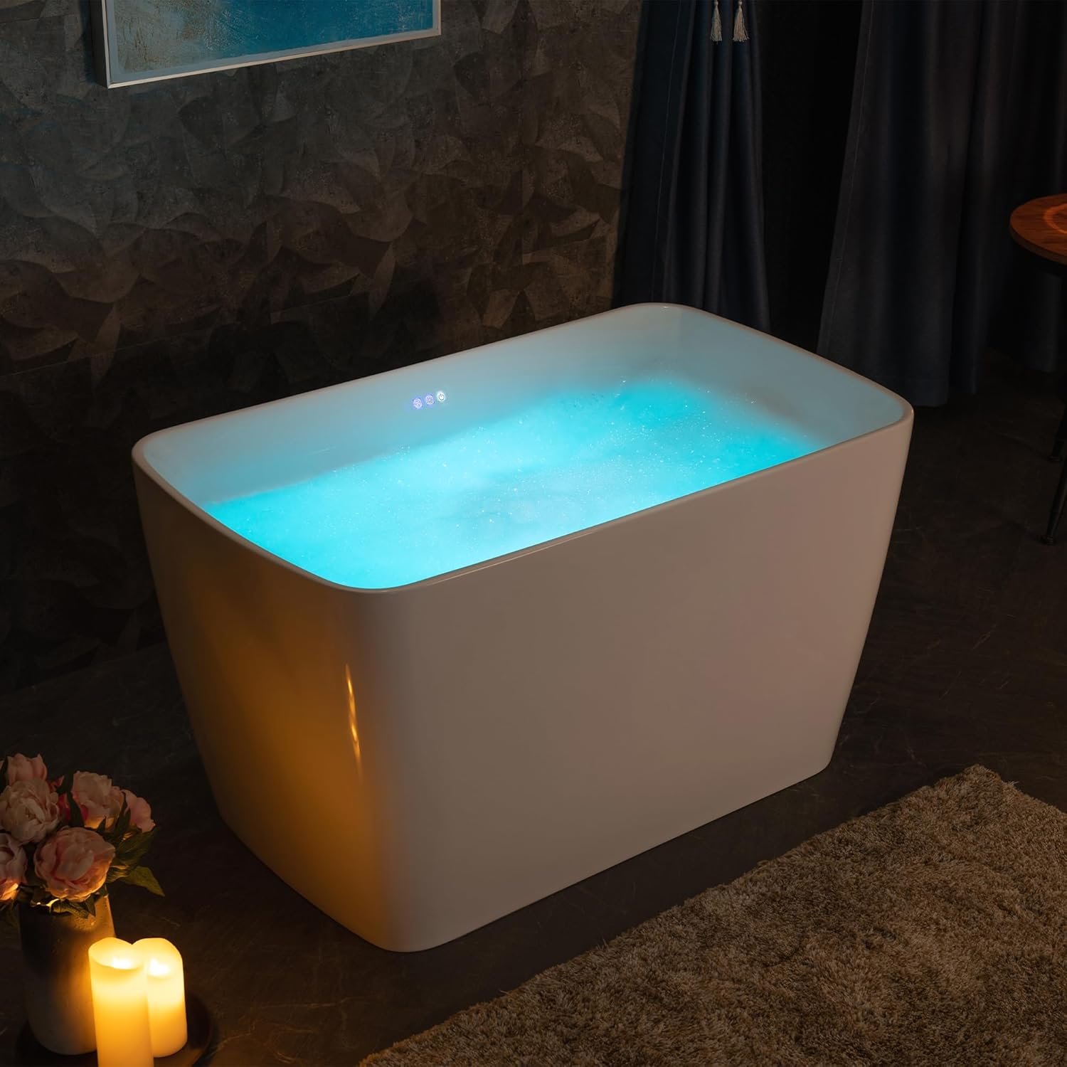 WOODBRIDGE 48" Acrylic Freestanding Rectangular Air Bath Bathtub with Pre-molded Seat and Matte Black Pop-Up Drain and Overflow Option, White, B0170-MB