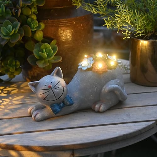 Miniatura 6 de Estatua de gato para decoración de jardín al aire libre con luz solar exterior, estatuilla de gato de resina impermeable para decoración de césped