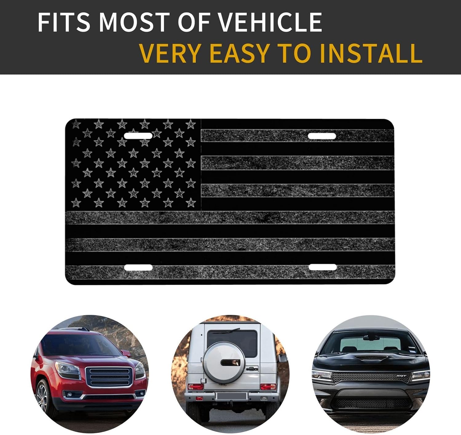 GACCAP Front License Plate Cover Car Decor Accessory Aluminum Metal Rust-Proof US Car Plate Novelty Vanity Tag Cover with 4 Holes for Men Women 6*12 IN - Black Grey American Flag