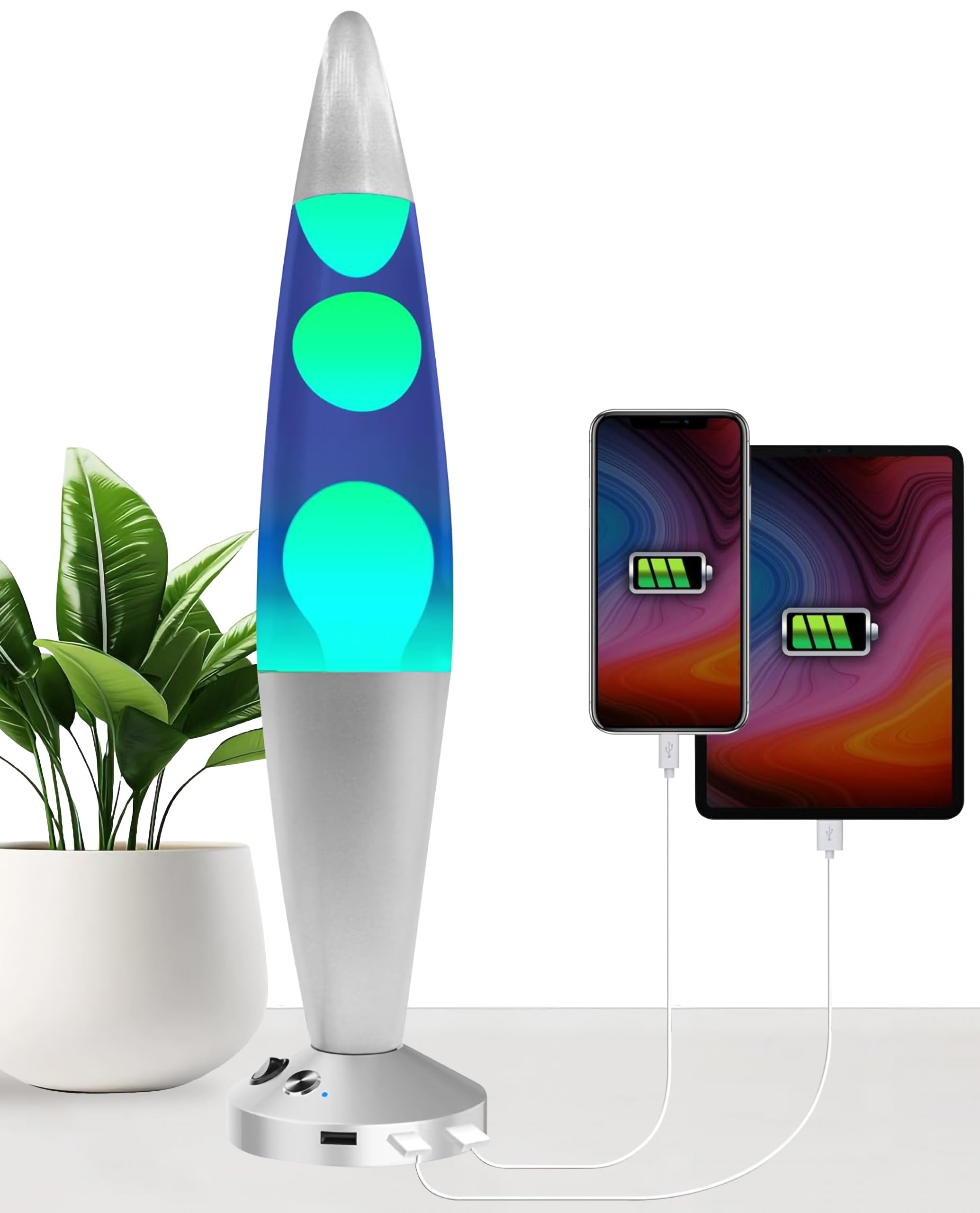 Jambo Liquid Motion Lamp - with USB & Auto Shut Off (16" with USB, Auto Shut Off, Silver Base, Blue Liquid, Yellow Wax)