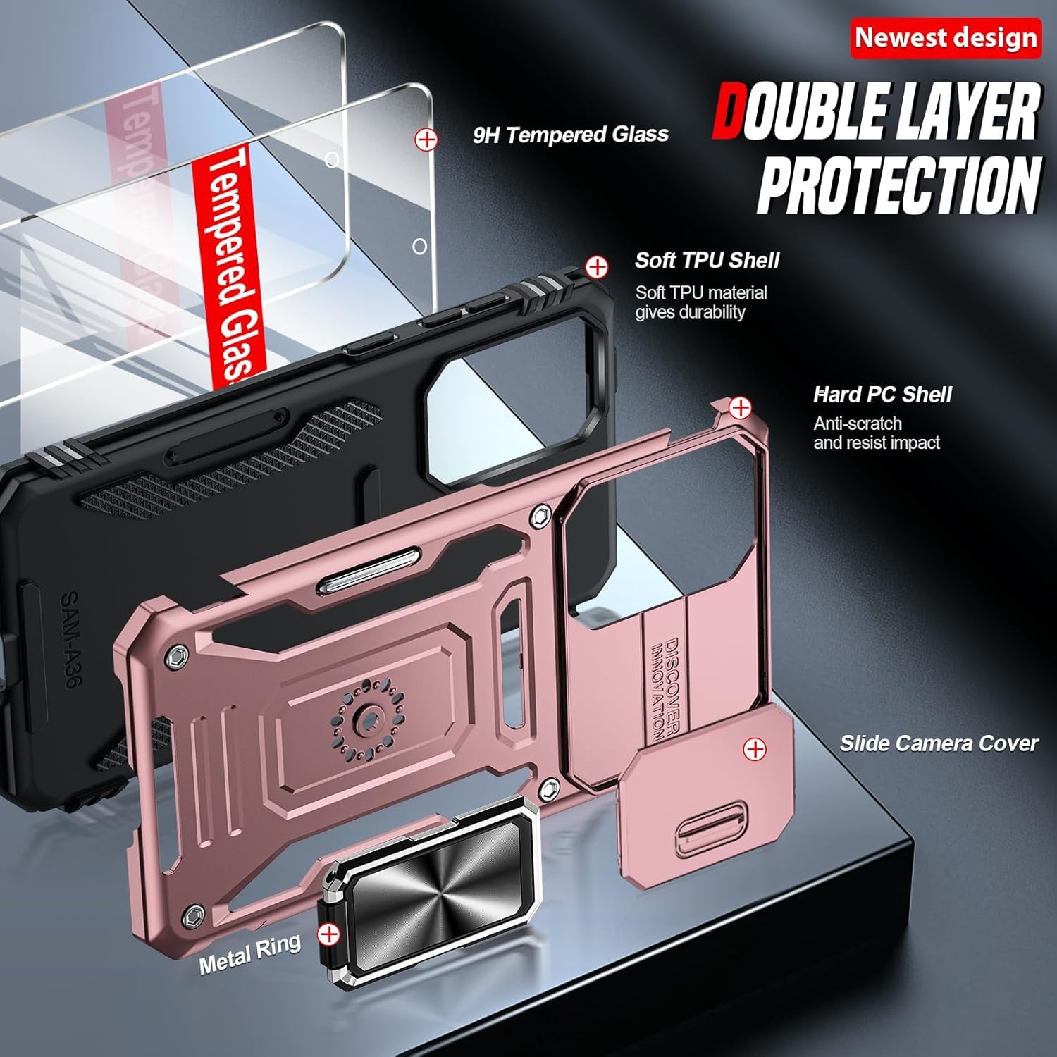 LeYi Samsung A36 A56 5G etui z 2 x szkło hartowane etui ochronne na aparat [Slidable] z pierścieniem podtrzymującym, odporny na wstrząsy futerał TPU do Samsung Galaxy A 56/36, różowe złoto