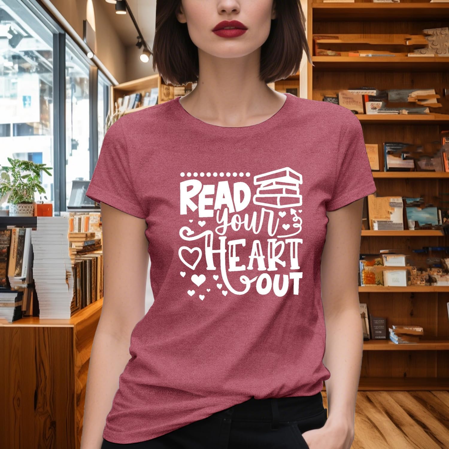 Read Shirts for Women Book Lover T-Shirt Read Your Heart Out Tees Reading Tops - Image 3