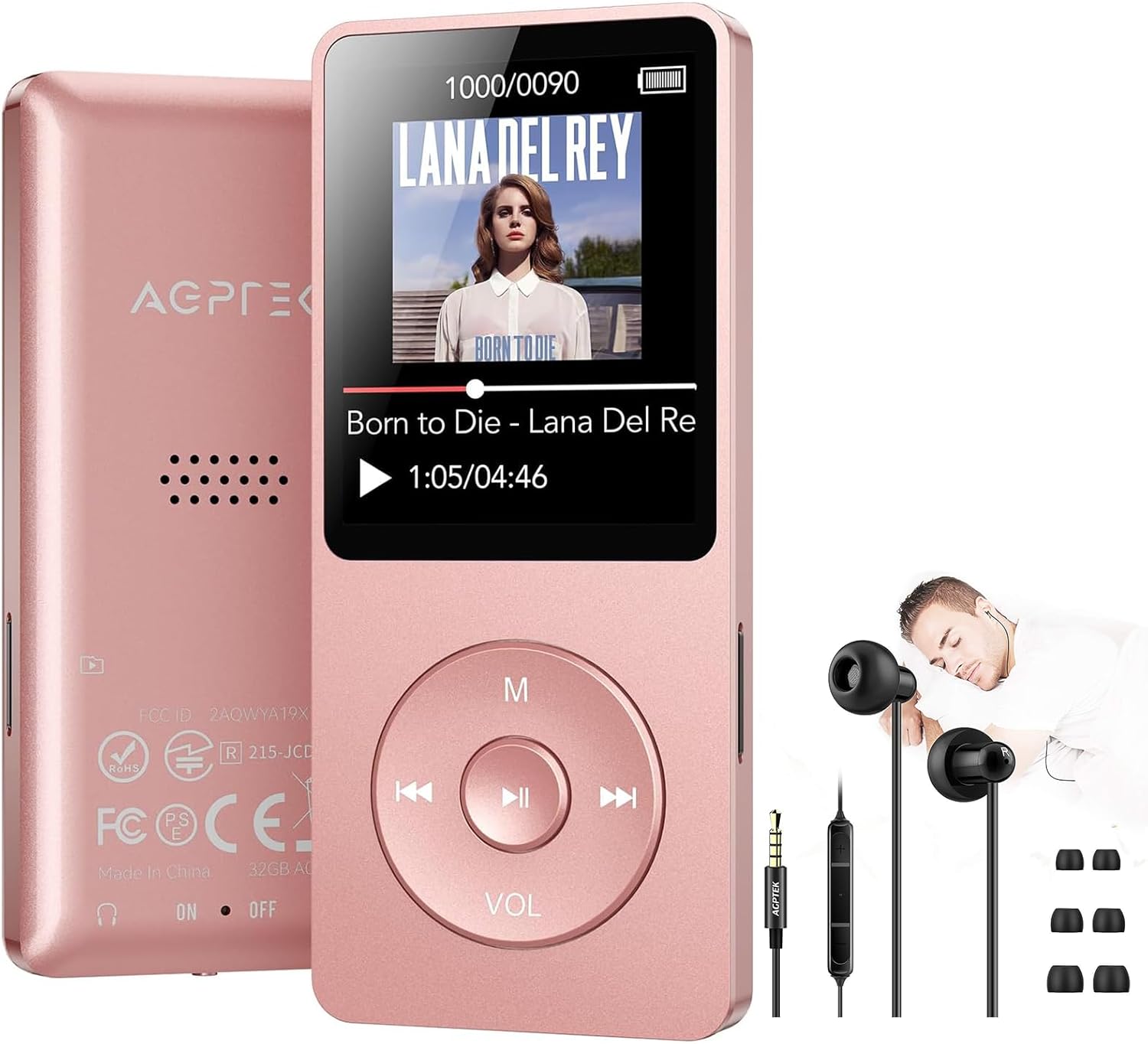 AGPTEK A02 MP3 Player with Bluetooth 5.3 and Earbuds (Rose Gold, 32GB)
