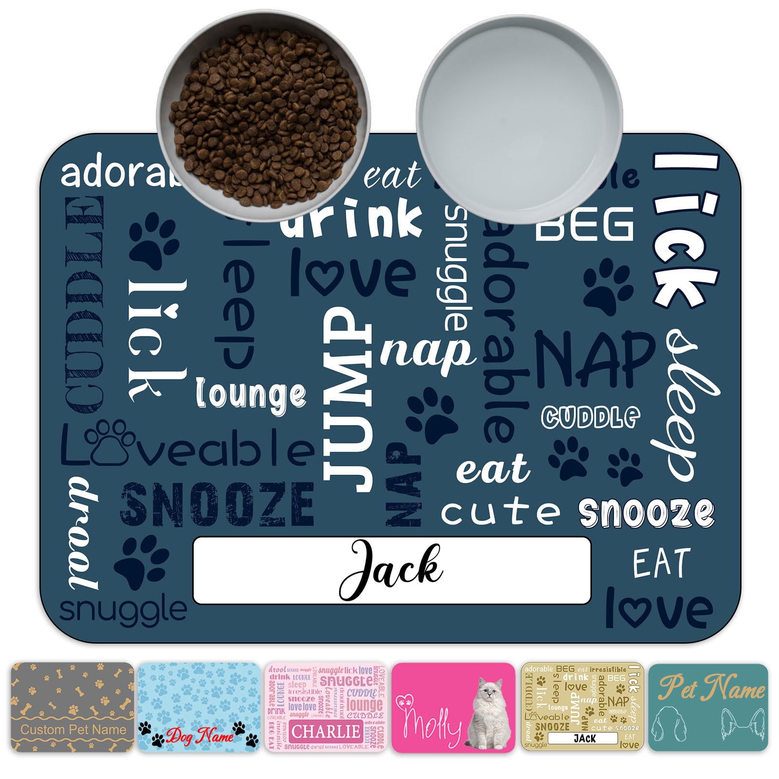 Personalized Pet Feeding Mat Custom Name Dog Food Mat Customized Cat Water Placemats, Waterproof & Non-Slip Design for Dogs Cats, Style 3