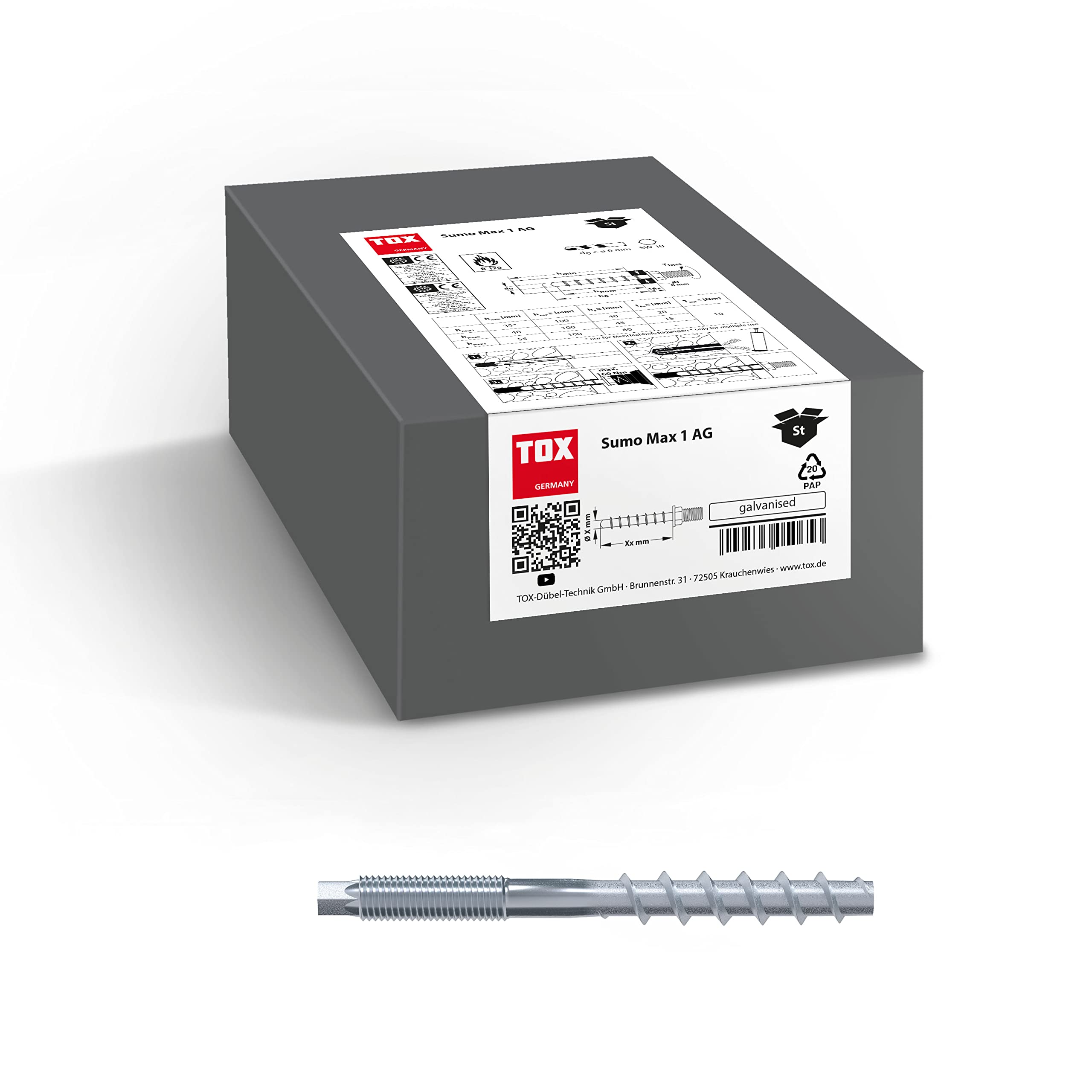 TOX Ancoraggio a vite Sumo Max 1 AG A4 10x140 mm, con filettatura di connessione M10, acciaio inox A4 per diverse profondità di installazione, approvato dalle autorità edilizie, 50 pezzi, 041171551