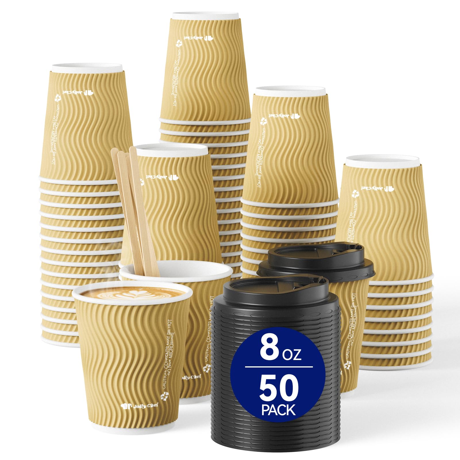 JOLLY CHEF 8oz Ripple Paper Coffee Cups with Lids & Stirrers 50 Pack