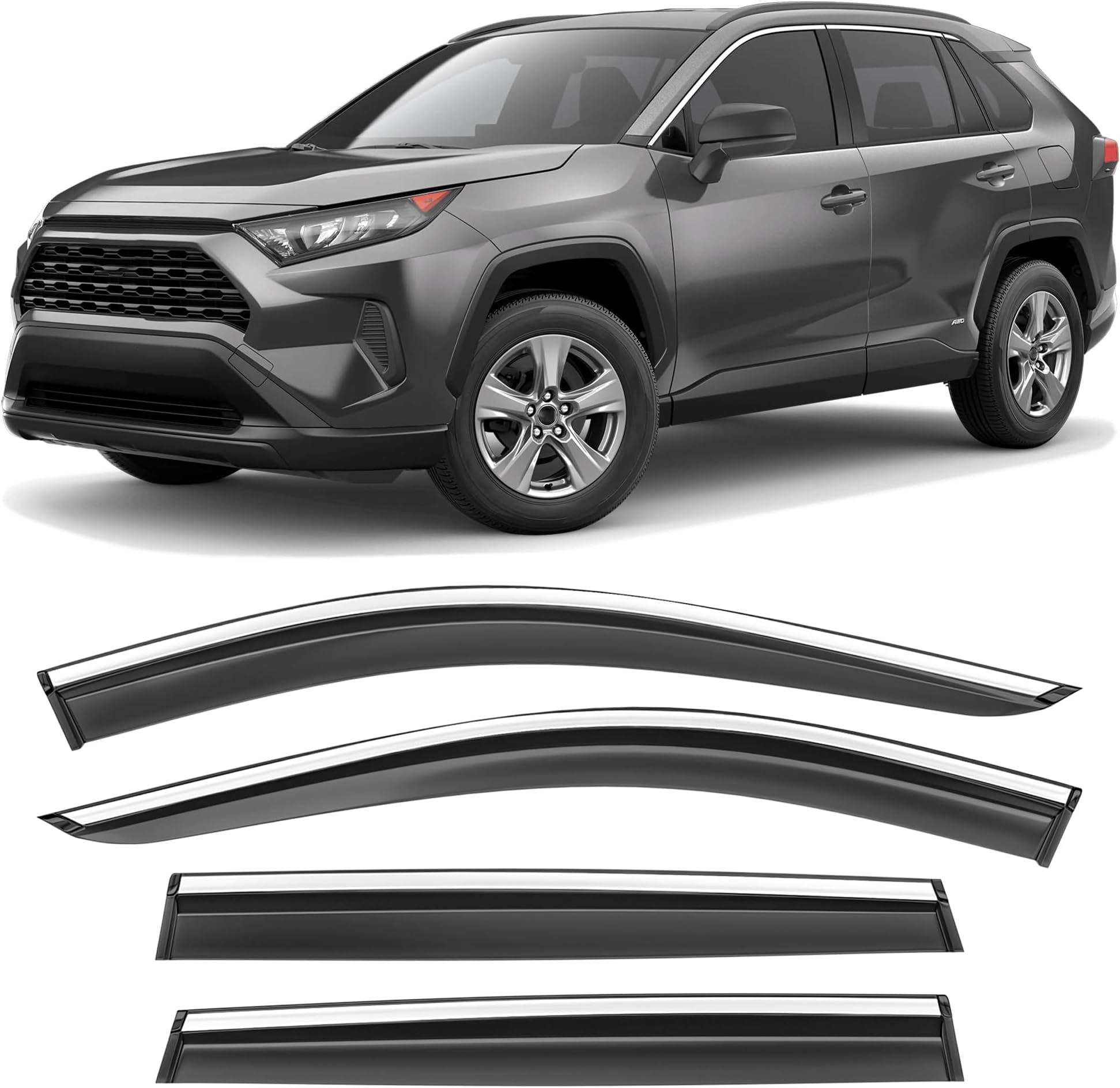 Shatterproof Taped-On Window Deflectors for Toyota Rav4 2019-2025 with Chrome Trim, Rain Guards, Window Visors for Car, Vent Deflector, 4pcs