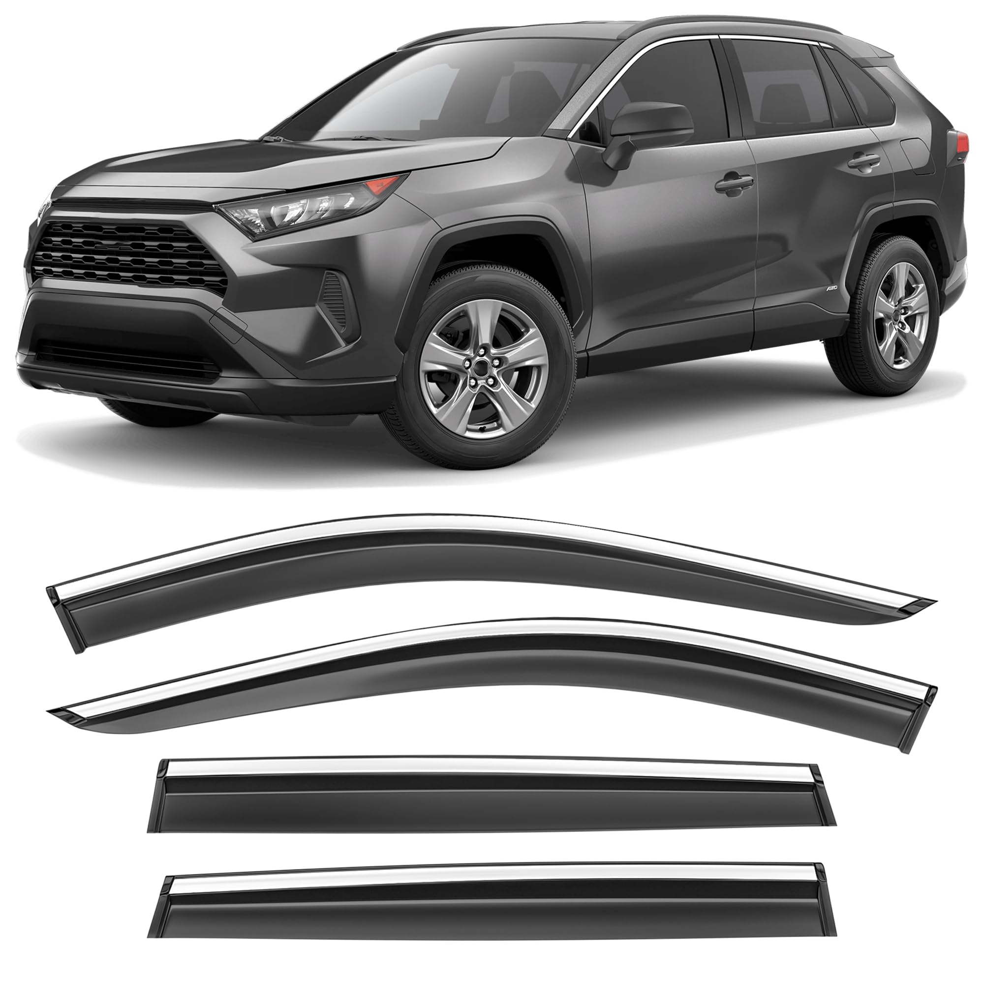 Shatterproof Taped-On Window Deflectors for Toyota Rav4 2019-2025 with Chrome Trim, Rain Guards, Window Visors for Car, Vent Deflector, 4pcs
