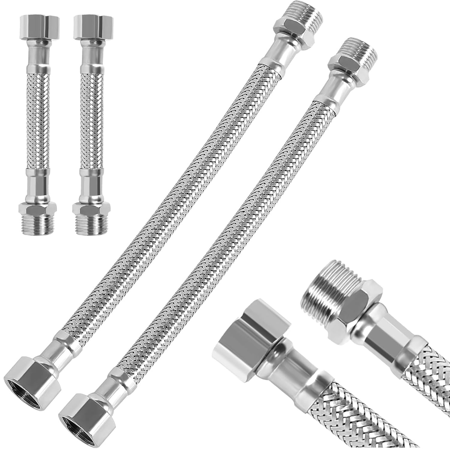 Flex Hose 3/8, Pack of 4 304 Stainless Steel Flexible, Reinforced Hose, 3/8 Inch, Flexible Tap Hose Extension, Bathroom, Toilet (20 cm / 10 cm)