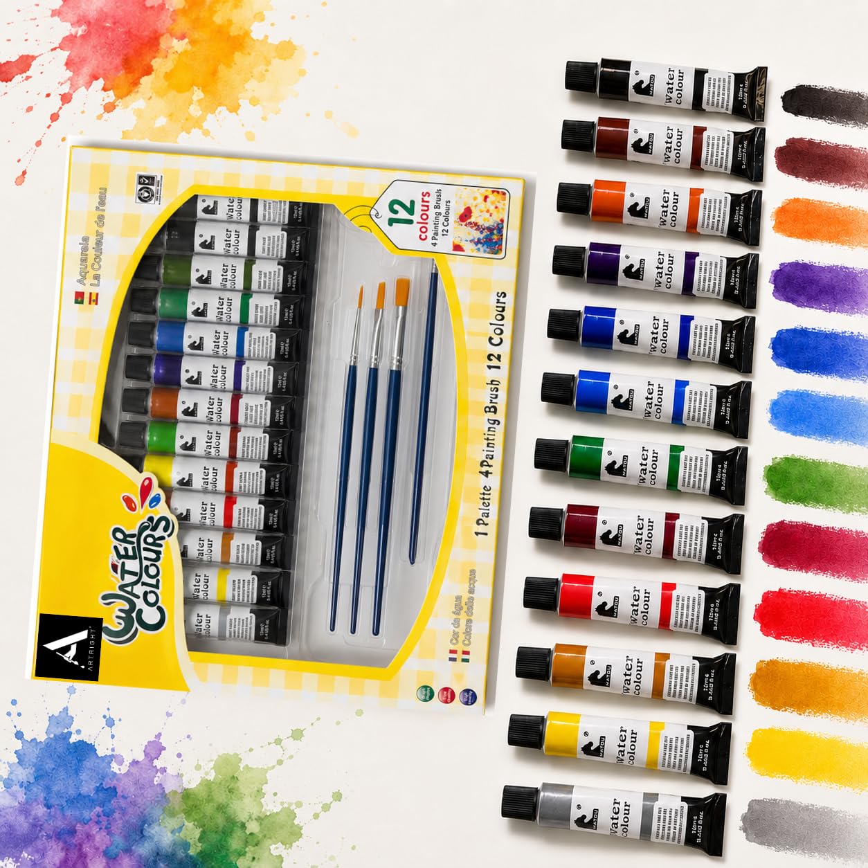ArtRight 65 Pcs Professional Painting Kit - Art Kit for Painting (Paint Brushes Set of 10-1 Feet Easel Stand - Painting Palette - Set of 12 Artist Paints - 8x10 Canvas - 40 A3 & A4 Watercolor Papers) 2