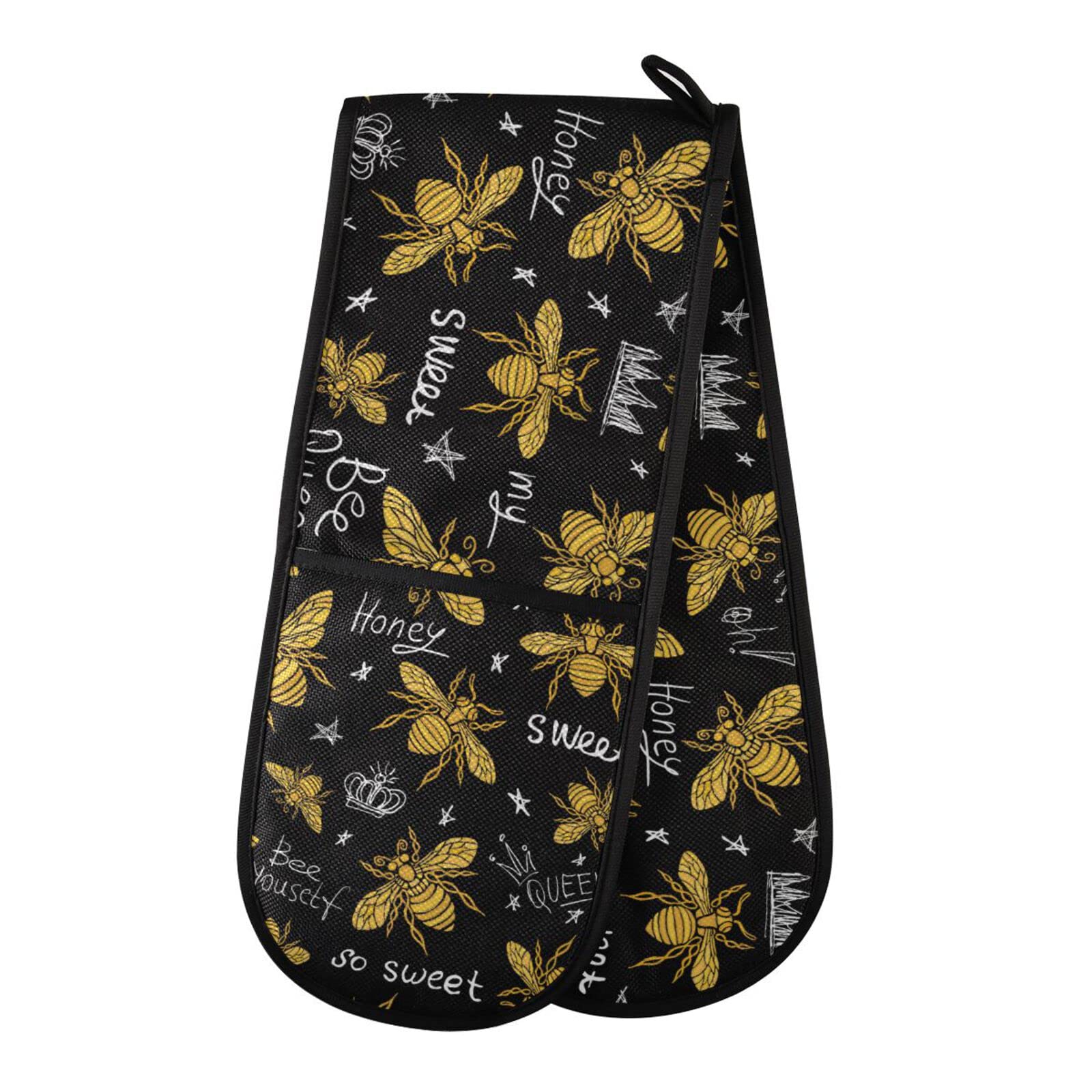Double Oven Glove Honey Bee Pattern Heat Resistant Double Ovens Mitt Modern Cooking Gloves Potholders