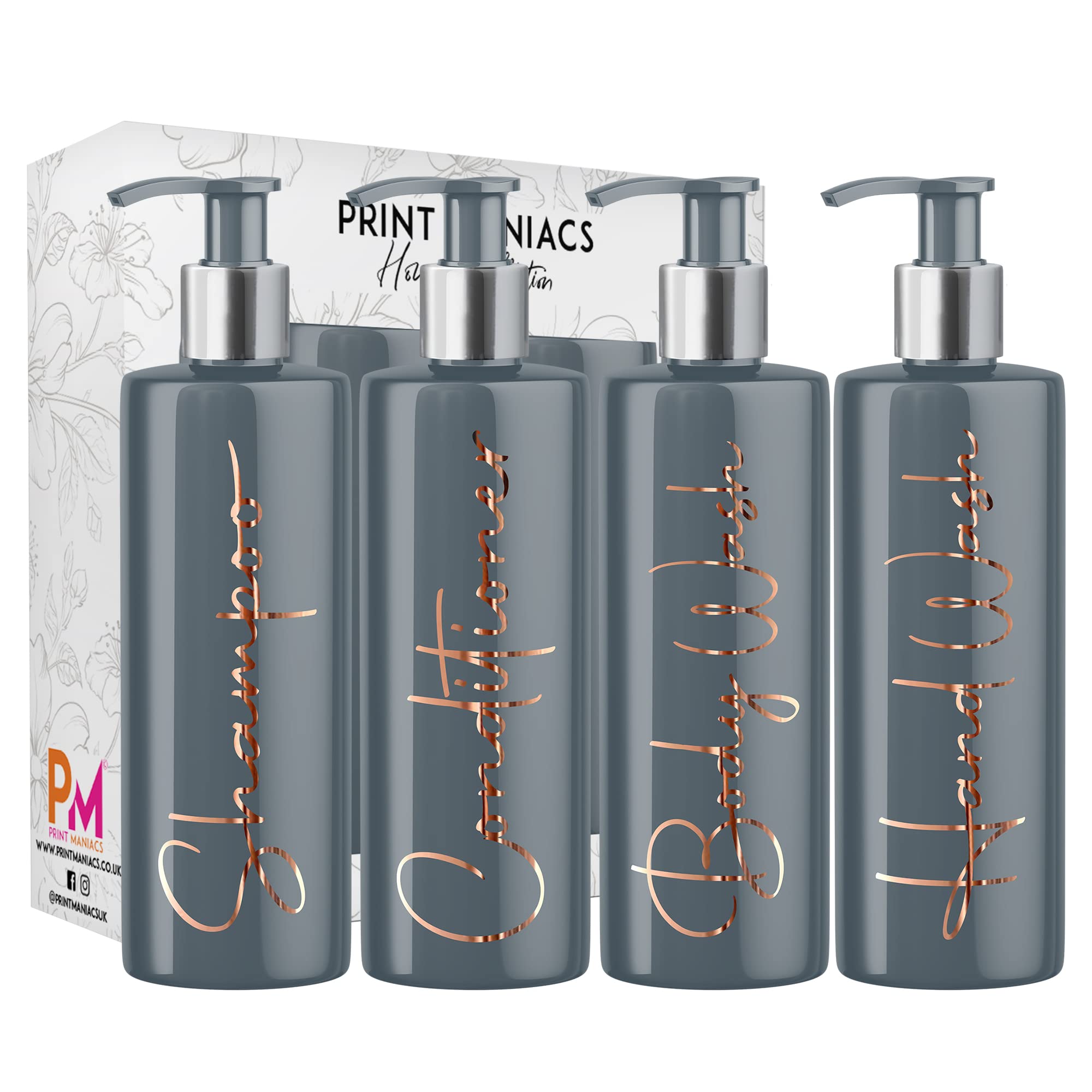Print Maniacs Grey Mrs Hinch Inspired Personalised 500ml Pump Bottles Bathroom Lotion Kitchen Set Shampoo Conditioner Body Wash F2 (Copper, Set 3 + Handwash) — image 1