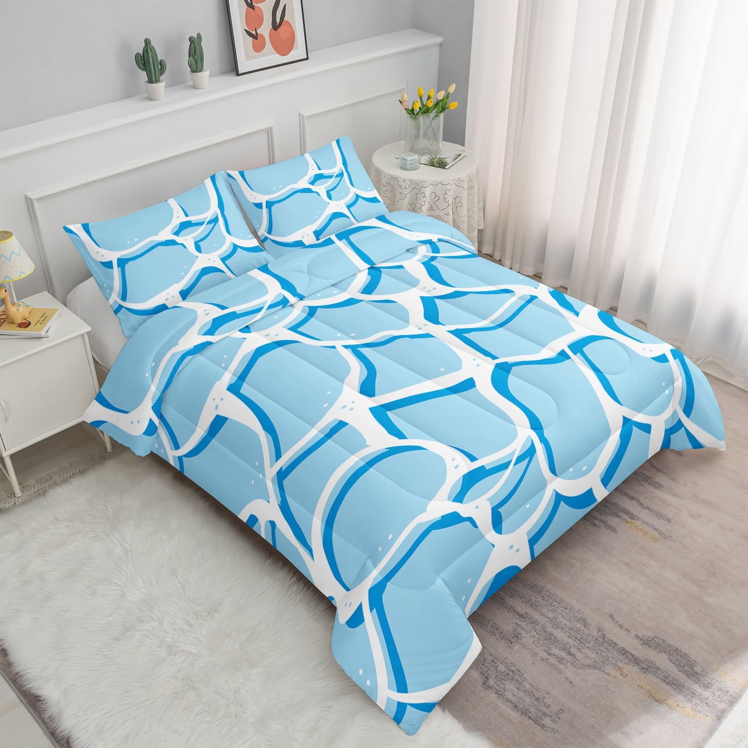 Kids Comforter Set Sea Blue Printed Pattern Bedding Set with 1 Comforter and 2 Pillowcases for Girls Boys Bedroom All Season(Sea Blue Queen)