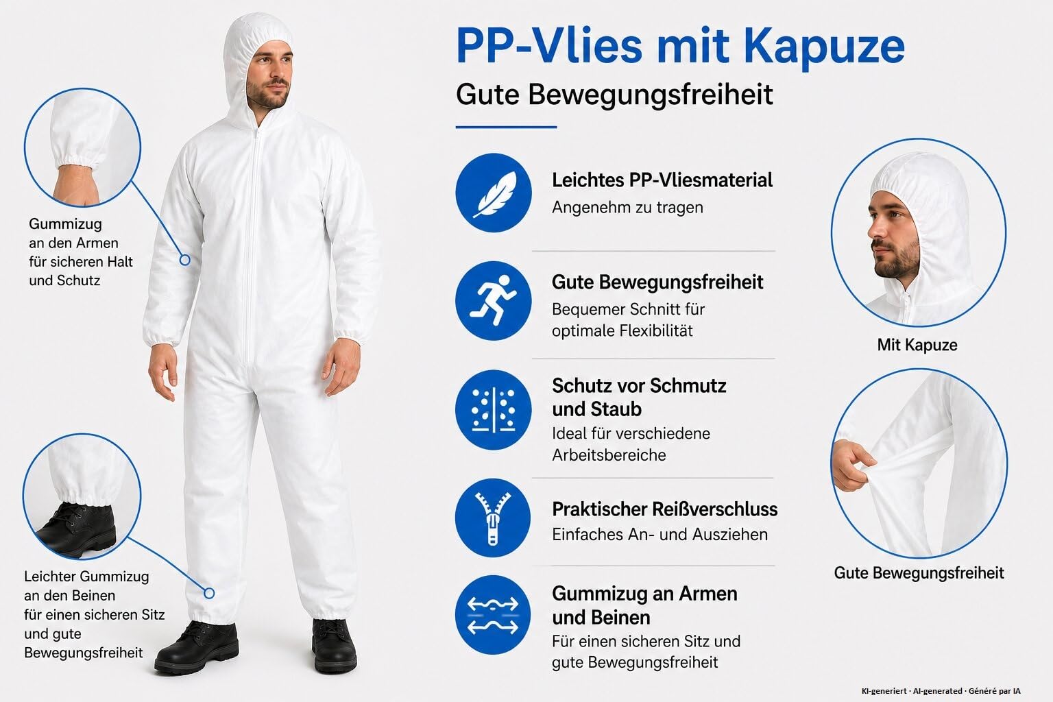 PP-Schutzanzug Einweg Weiß Ganzkörperanzug, Lackier- & Maleranzug Einweg mit Kapuze, Einweg Arbeits-Overalls für Herren/Damen, latexfreie Schutzkleidung, Einweganzug