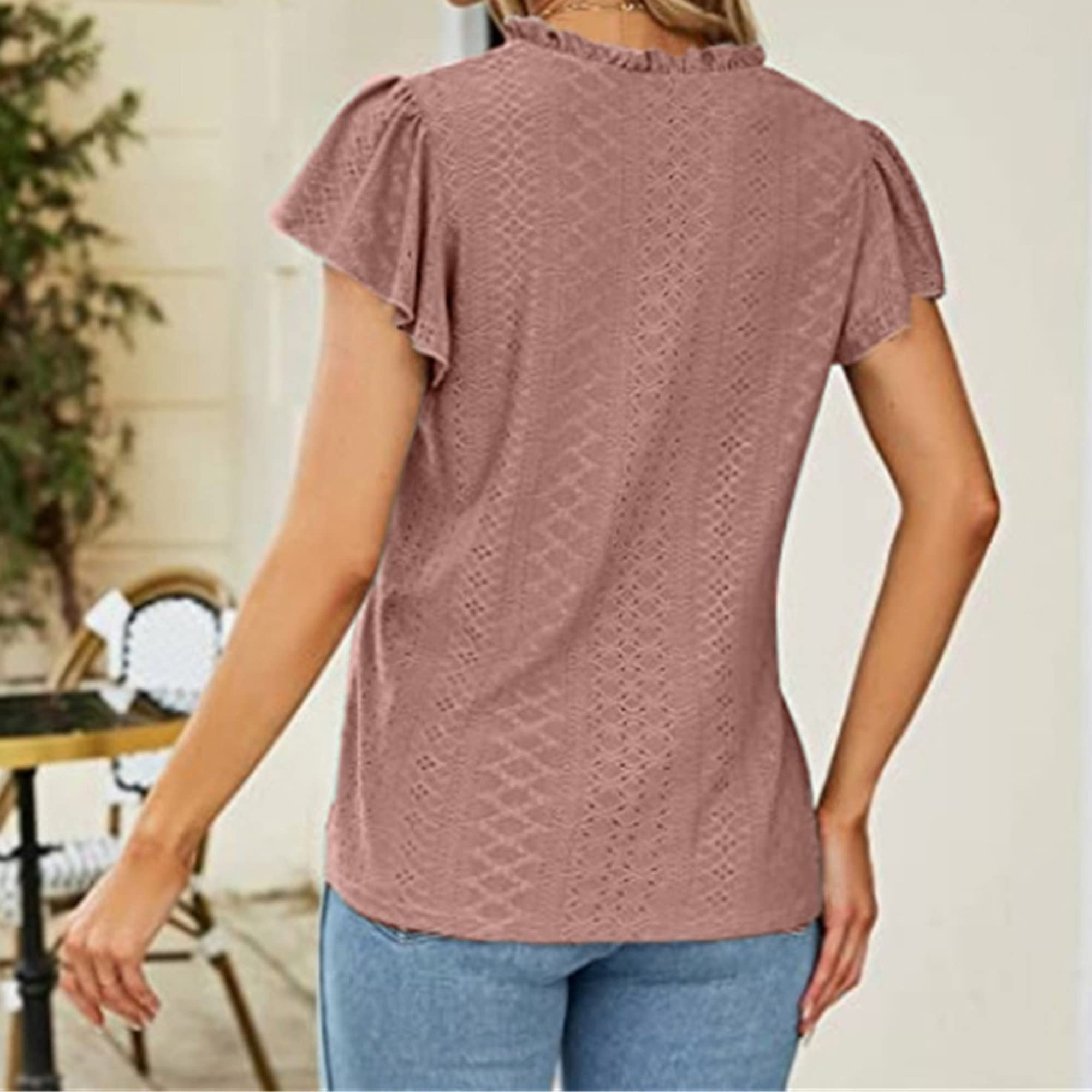 JEKE-DG Women's Eyelet Ruffle V Neck Short Sleeve Casual Lace Chiffon Shirts Hollow T-Shirts Tunic Blouse Top (Large,Pink 2)