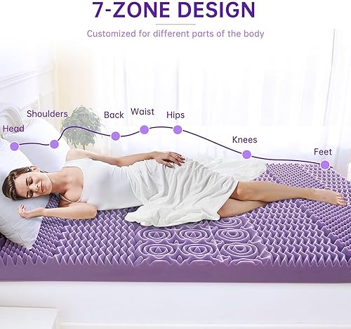 Miniatura 56 de MUXHOMO 2 Inch 7-Zone Queen Mattress Topper, Egg Crate Foam Mattress Topper Queen Size for Back Pain, Lavender Cooling Gel Infused Bed Pad