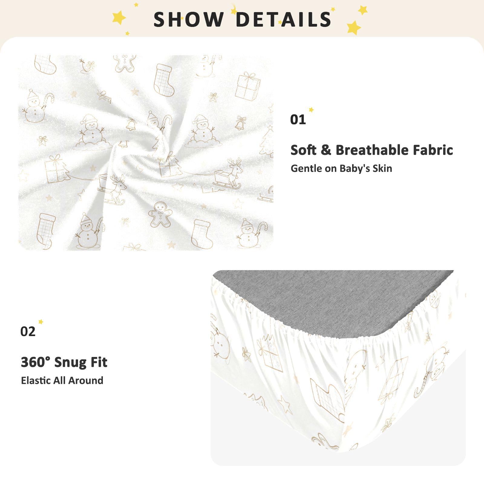 Sábanas de algodón para cuna de bebé, suave, diseño de árbol de Navidad, muñeco de nieve, beige, unisex, para guardería, 1 paquete de forros para cunas de ni?o 52 x 28 pulgadas