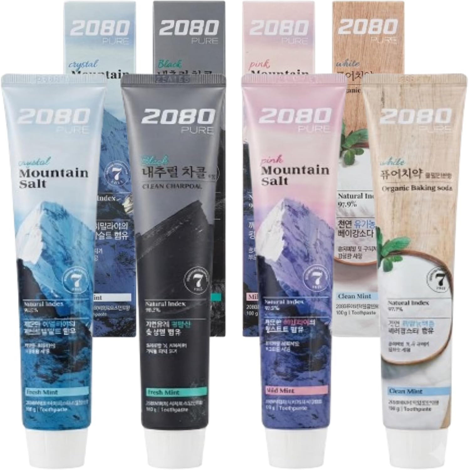 2080 Pure Toothpaste Set of 4, Crystal Mint Pink Mint Clean Mint Charcoal Mint, Korean Oral Care Brand, Supports Cavity Care Gum Health and Fresh Breath, Natural Salt Baking Soda Charcoal Toothpaste