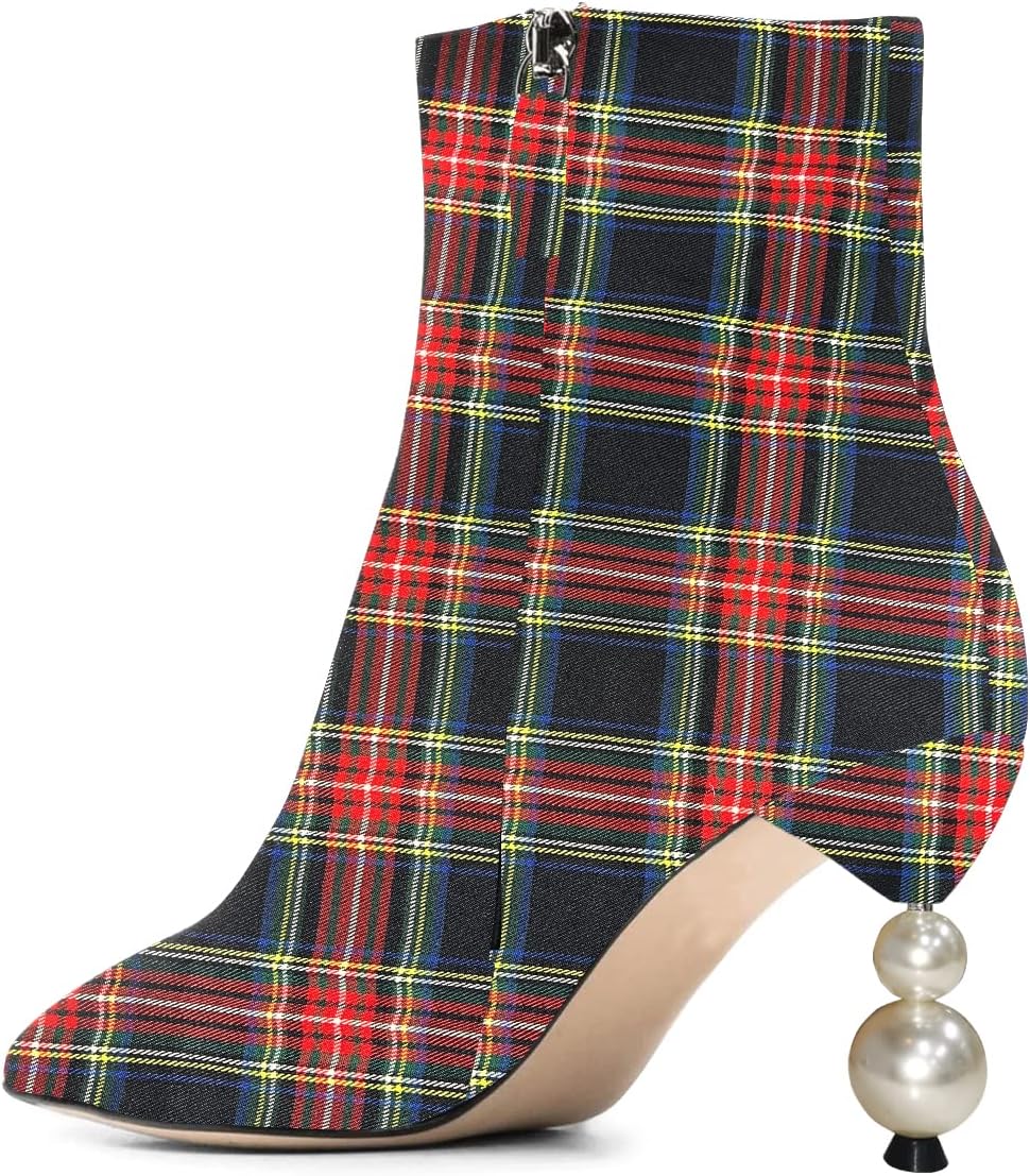 FSJ Women Fashion Pointed Toe Ankle Boots Mid Heel with Pearl Side Zipper Casual Street Walking Ladies Shoes Size 4-15 US