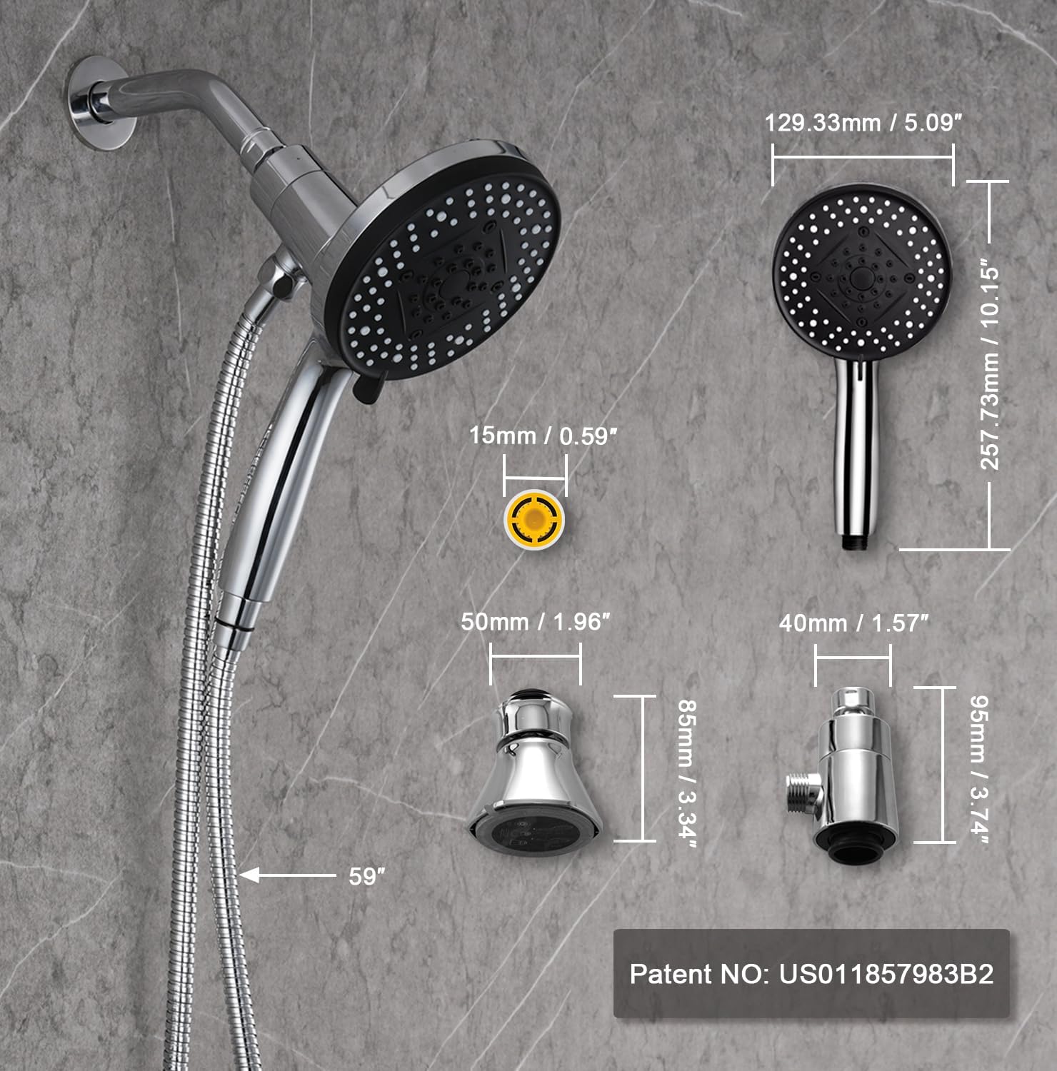 Magnetic Shower Head with Handheld:High Pressure 10-setting Shower Head with Hose,Magnetic Bracket,59 Inches Stainless Steel Shower Hose,Magnetic Shower Base.(Chorme)